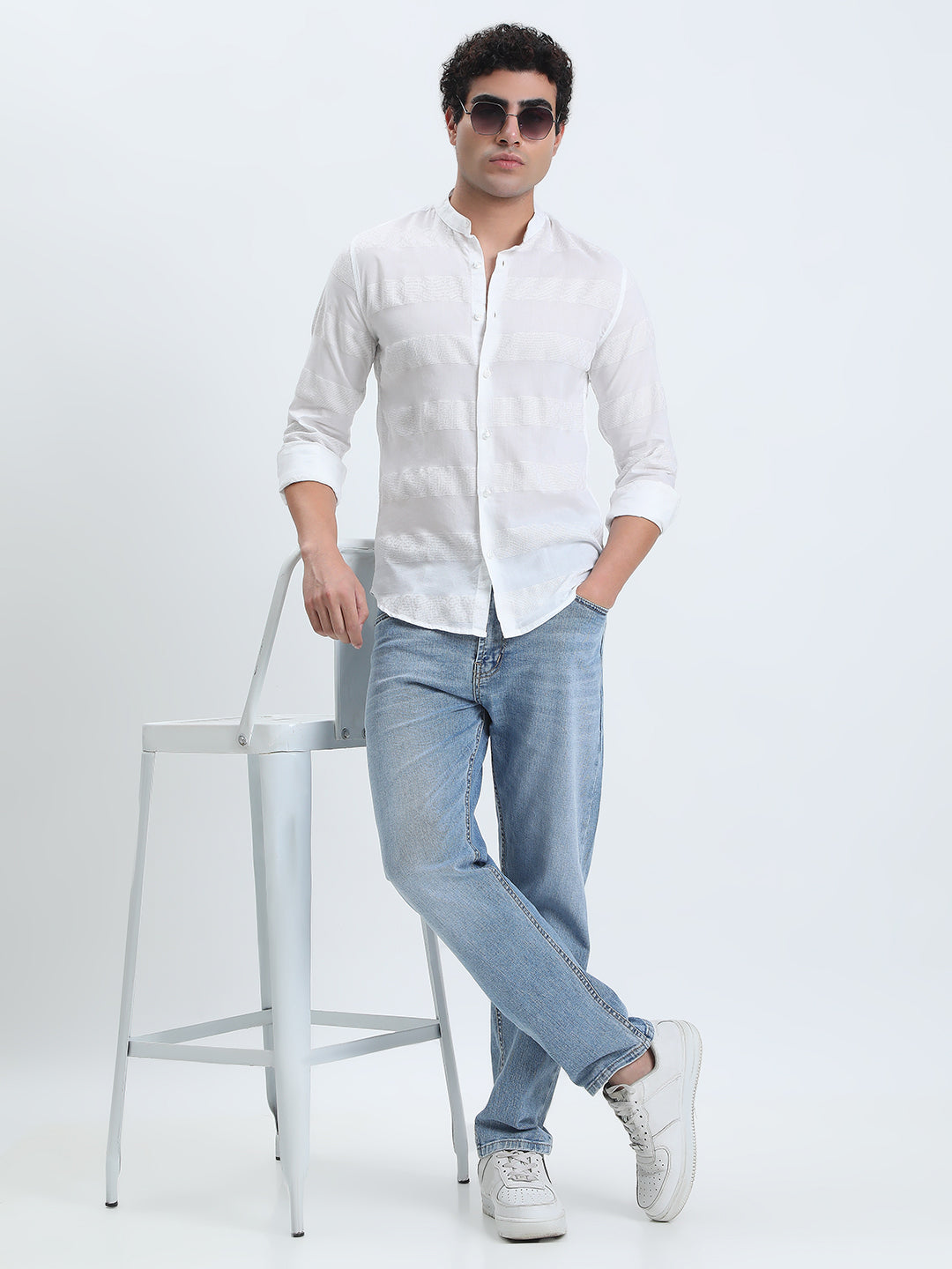 Men's Textured Striped White Long Sleeve Shirt with Mandarin Collar