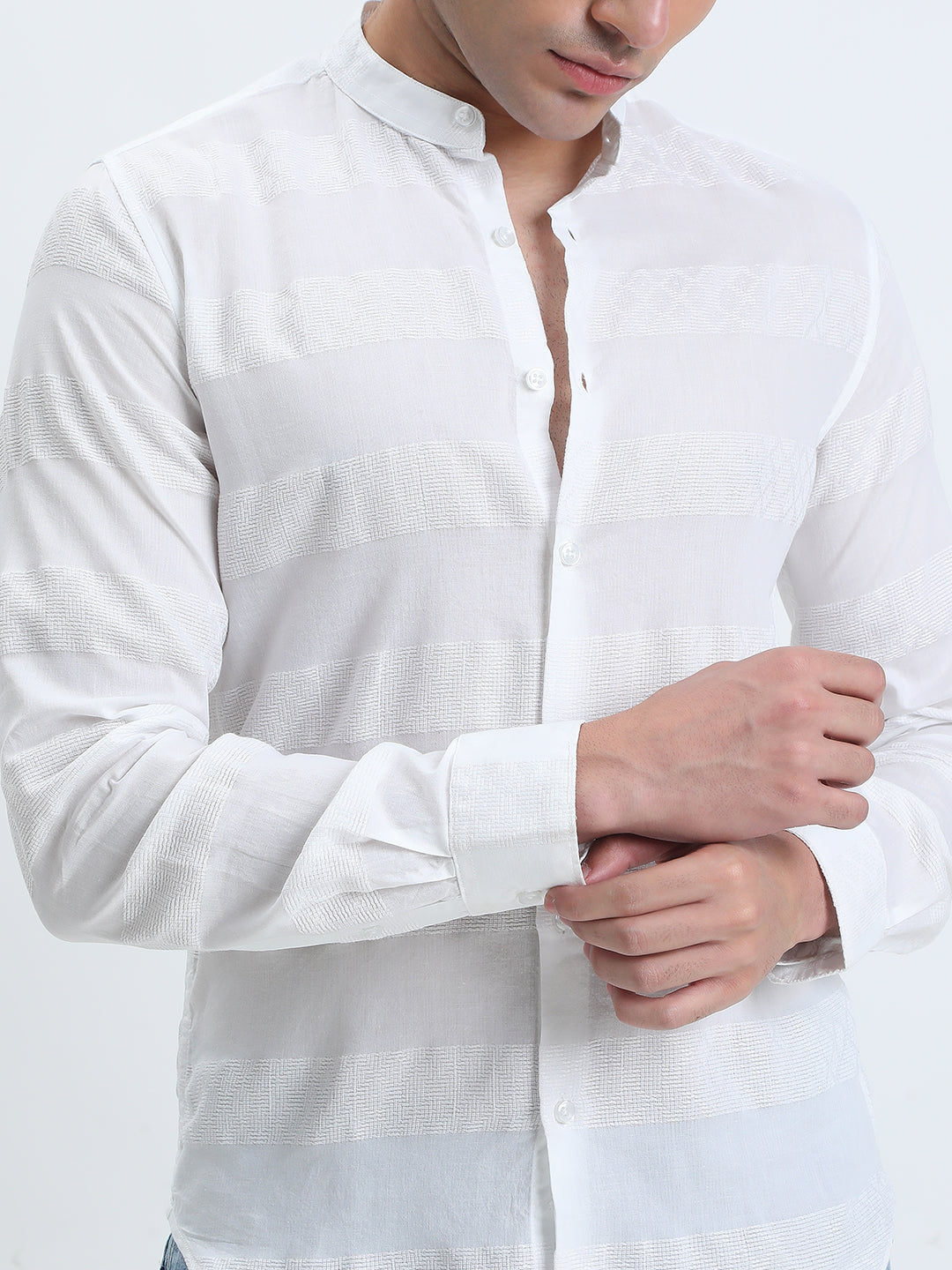 Men's Textured Striped White Long Sleeve Shirt with Mandarin Collar