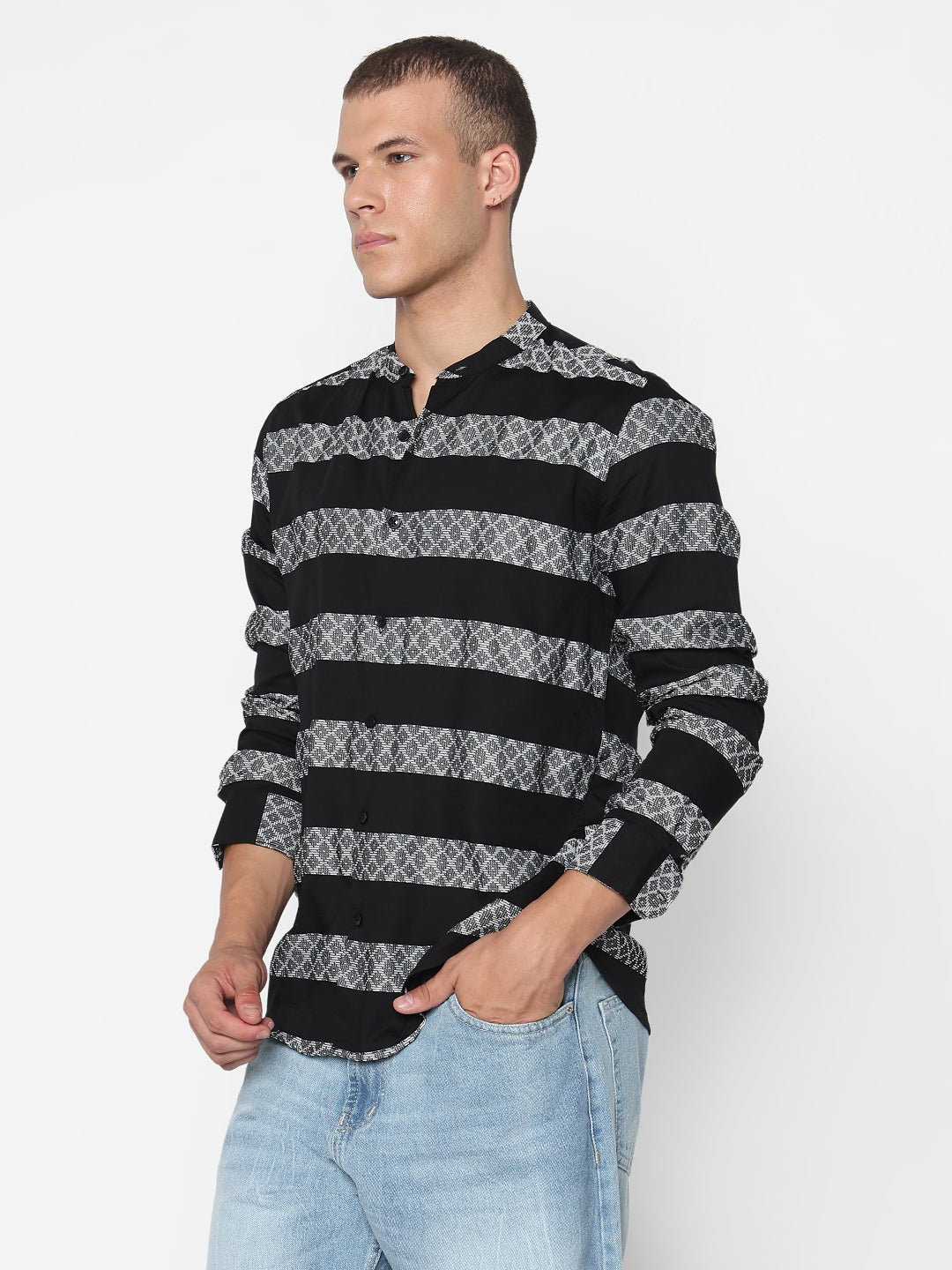 Men's Geometric Black Mandarin Collar Slim Fit Shirt