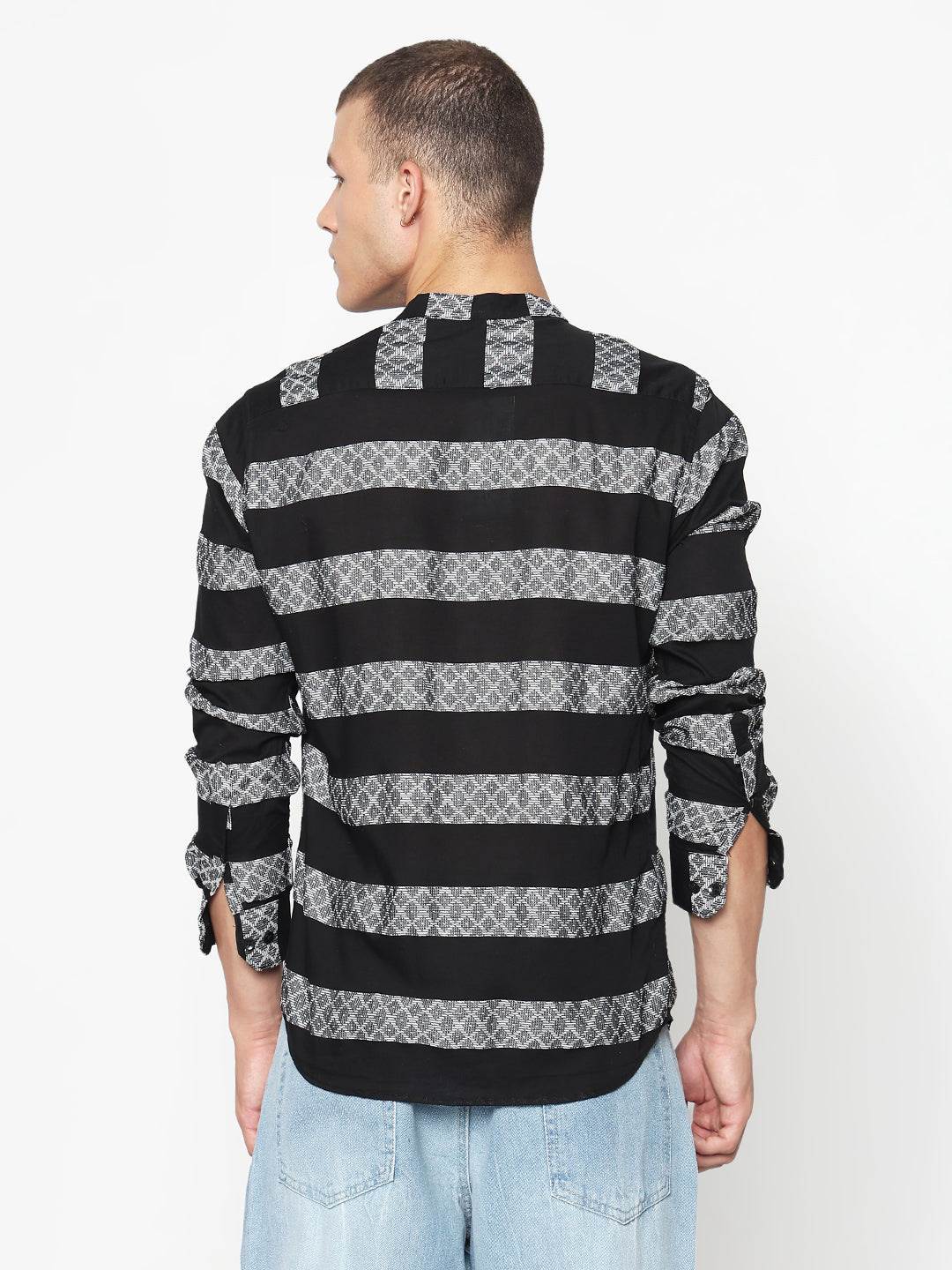 Men's Geometric Black Mandarin Collar Slim Fit Shirt