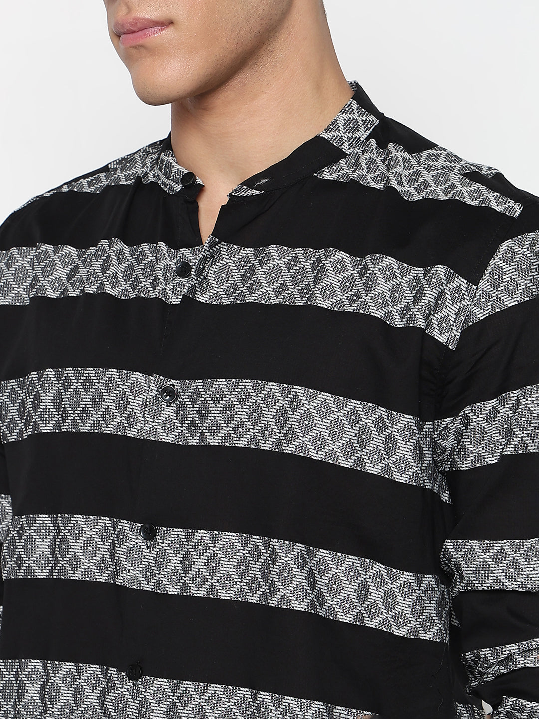 Men's Geometric Black Mandarin Collar Slim Fit Shirt