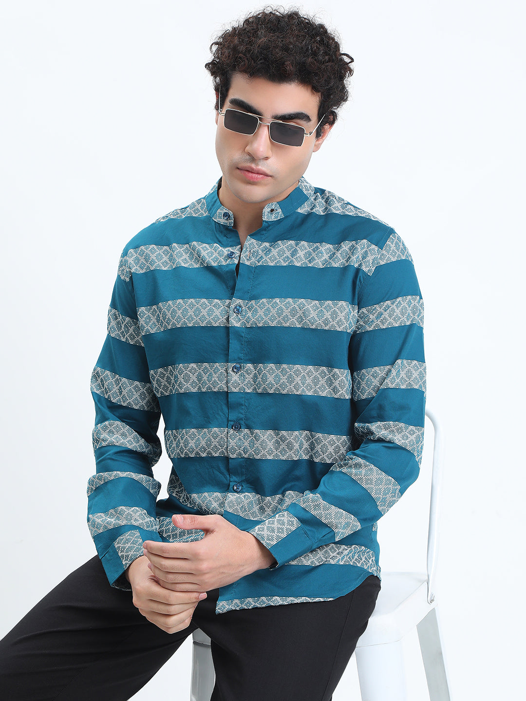 Men's Striped Turquoise Blue Long Sleeve Shirt with Mandarin Collar