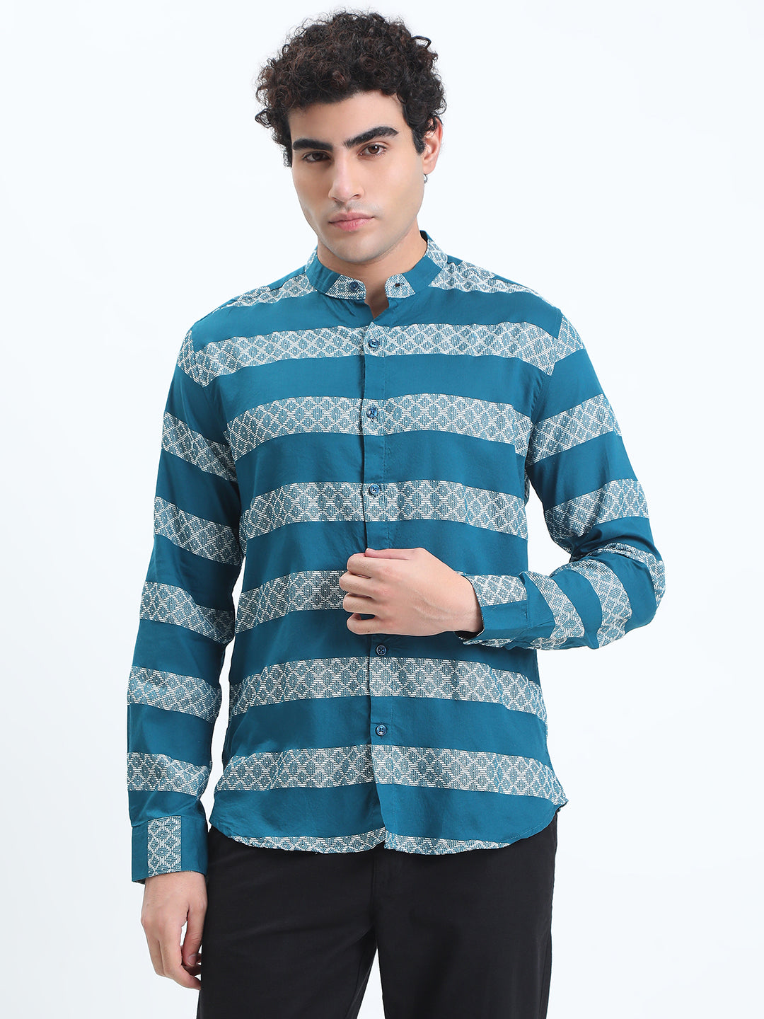 Men's Striped Turquoise Blue Long Sleeve Shirt with Mandarin Collar