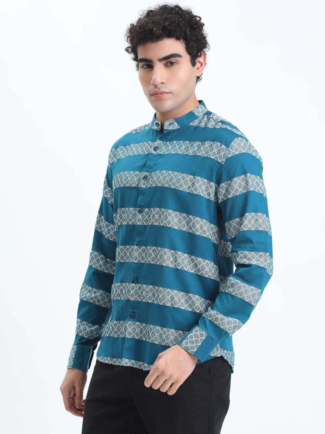 Men's Striped Turquoise Blue Long Sleeve Shirt with Mandarin Collar