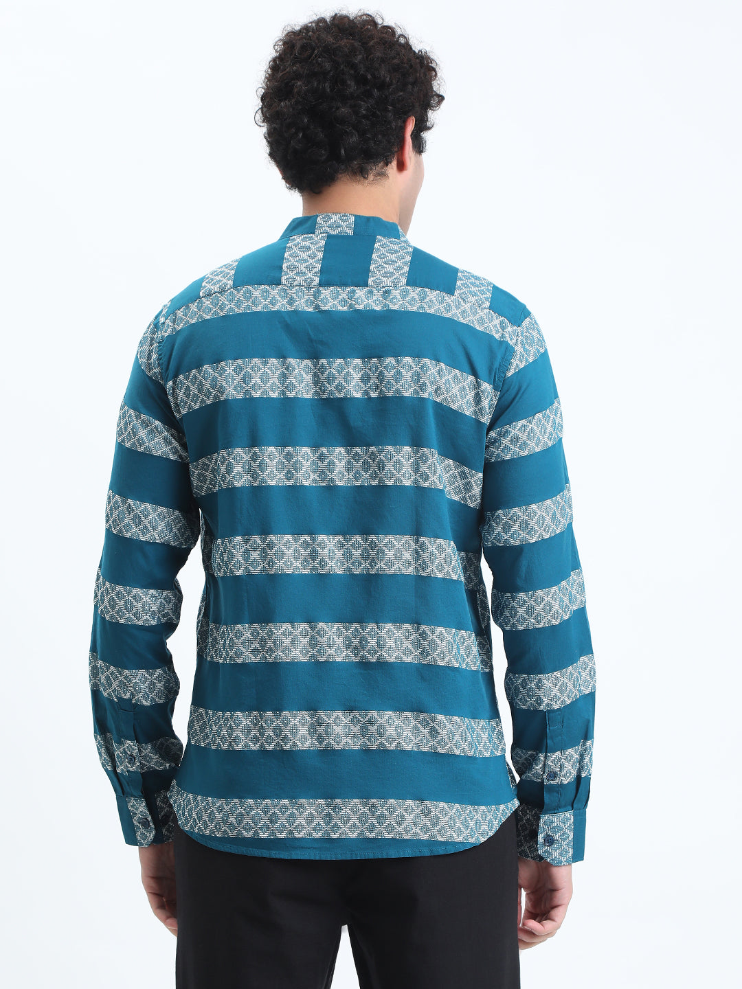 Men's Striped Turquoise Blue Long Sleeve Shirt with Mandarin Collar