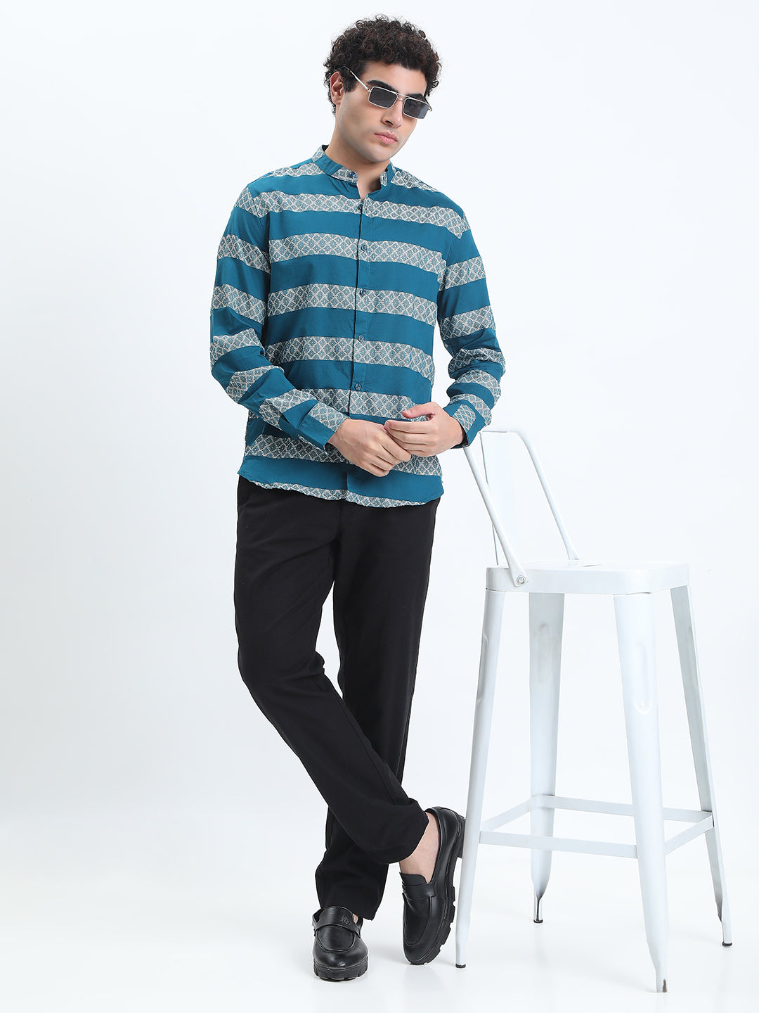 Men's Striped Turquoise Blue Long Sleeve Shirt with Mandarin Collar