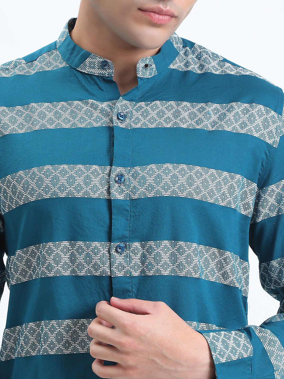 Men's Striped Turquoise Blue Long Sleeve Shirt with Mandarin Collar