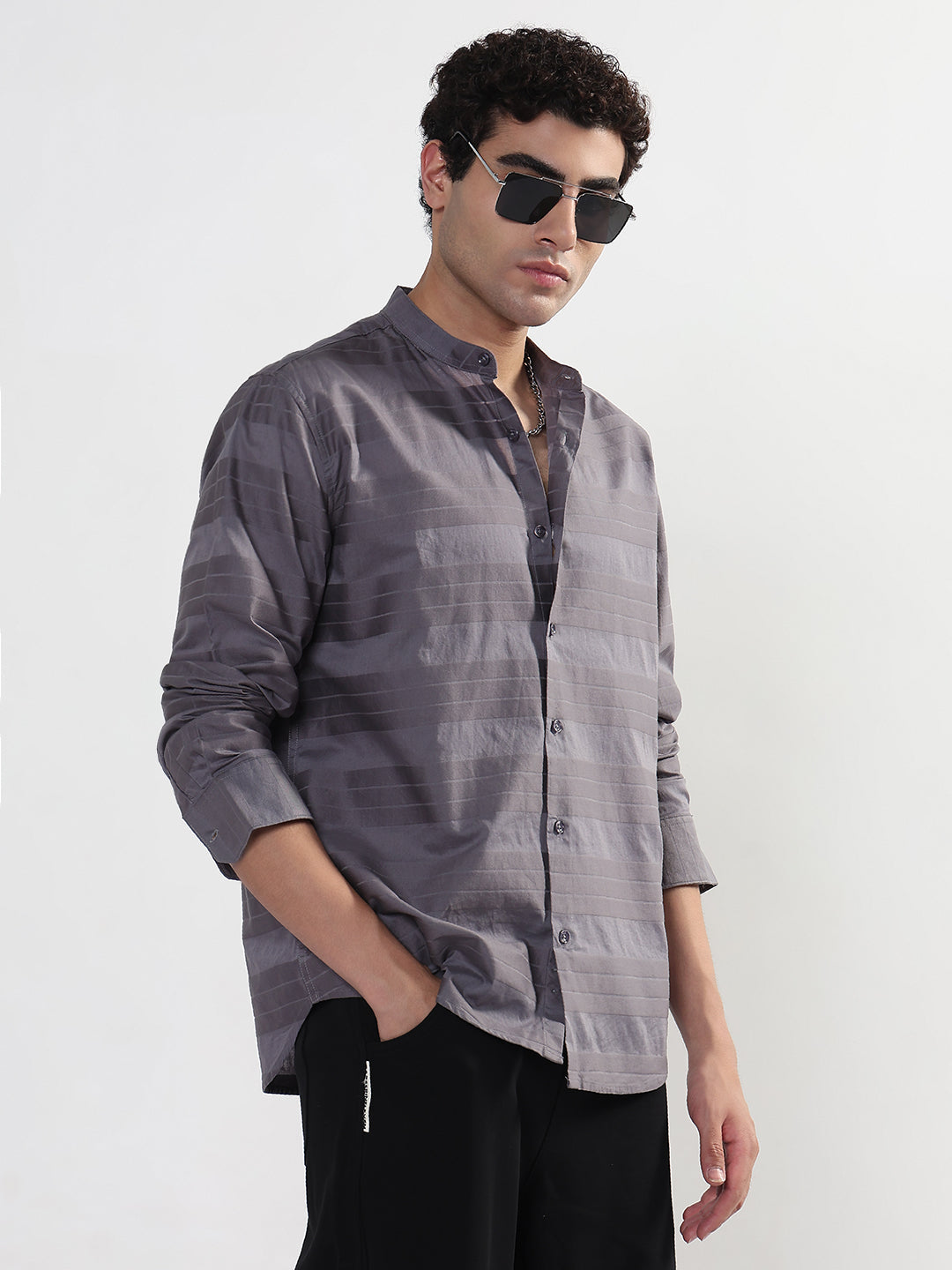 Men's Striped Grey Mandarin Collar Slim Fit Shirt