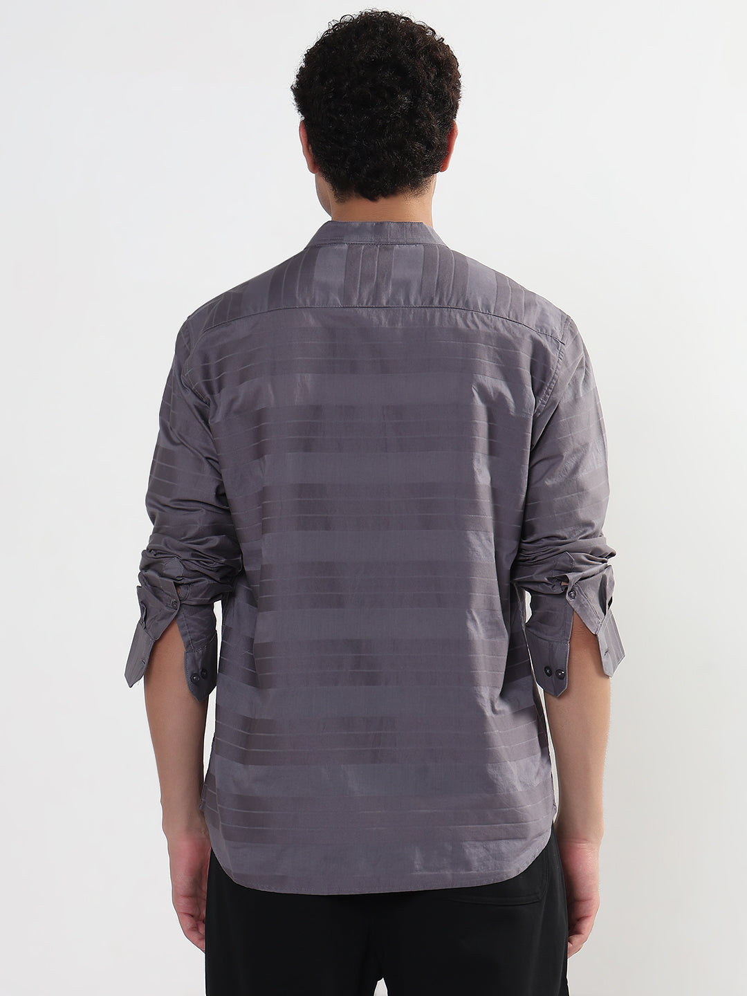 Men's Striped Grey Mandarin Collar Slim Fit Shirt