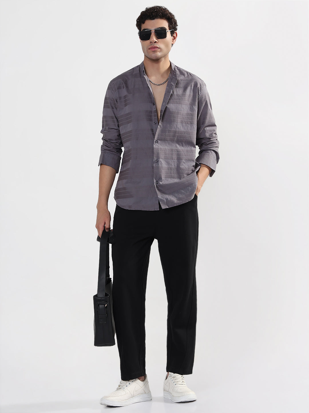 Men's Striped Grey Mandarin Collar Slim Fit Shirt