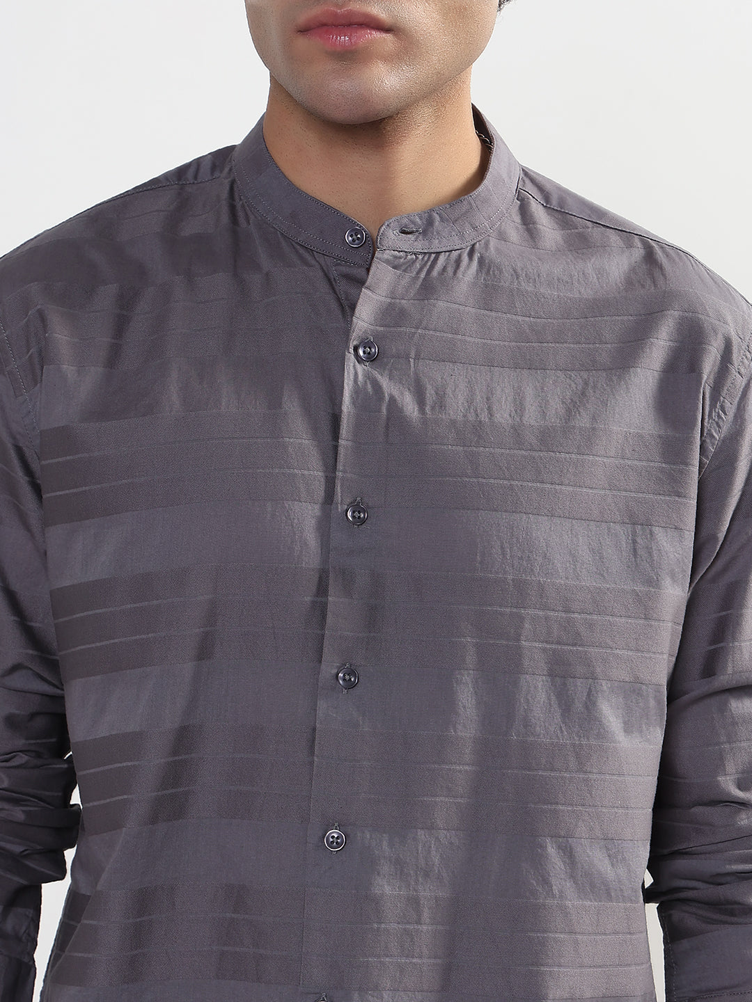 Men's Striped Grey Mandarin Collar Slim Fit Shirt