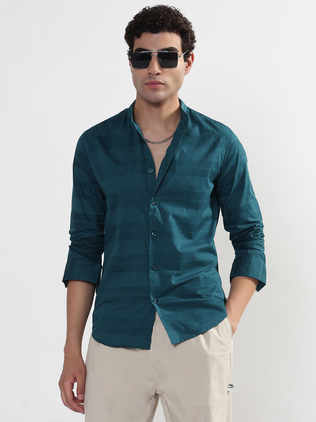 Men's Striped Turquoise Blue Mandarin Collar Slim Fit Shirt