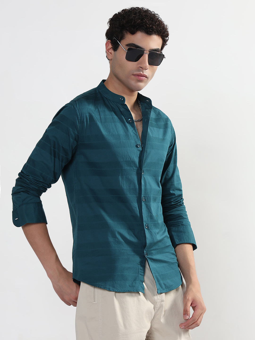 Men's Striped Turquoise Blue Mandarin Collar Slim Fit Shirt