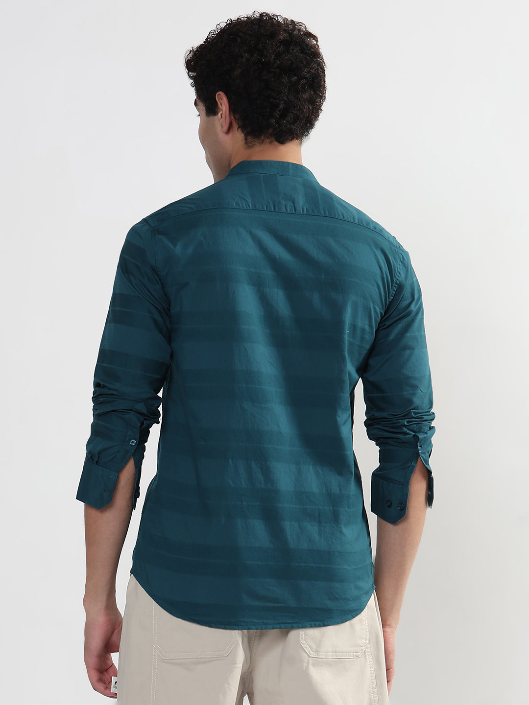 Men's Striped Turquoise Blue Mandarin Collar Slim Fit Shirt