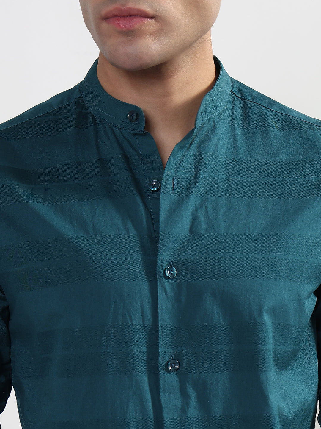Men's Striped Turquoise Blue Mandarin Collar Slim Fit Shirt