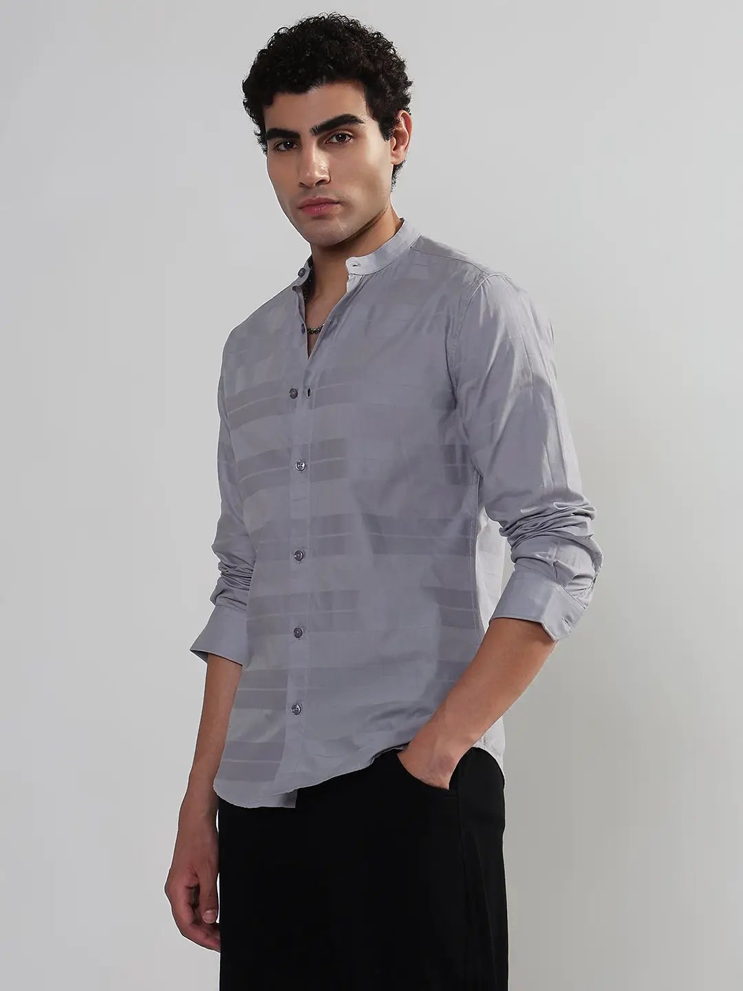 Men's Striped Grey Mandarin Collar Slim Fit Shirt - from SHOWOFFFF
