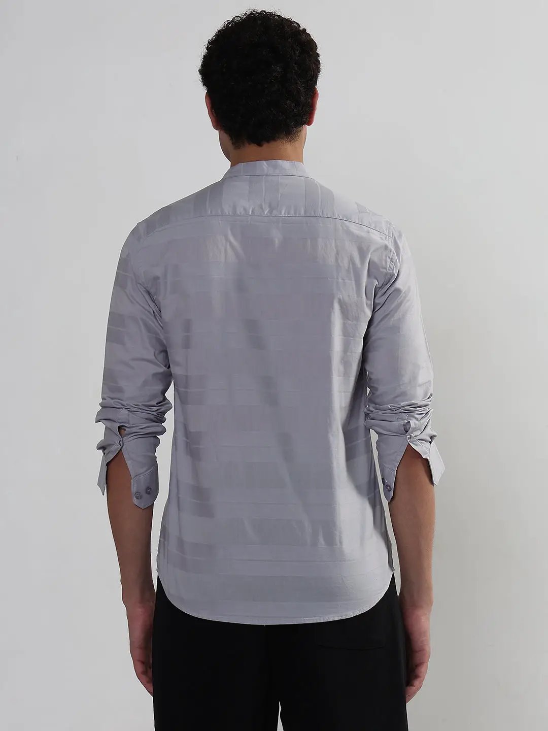 Men's Striped Grey Mandarin Collar Slim Fit Shirt - from SHOWOFFFF