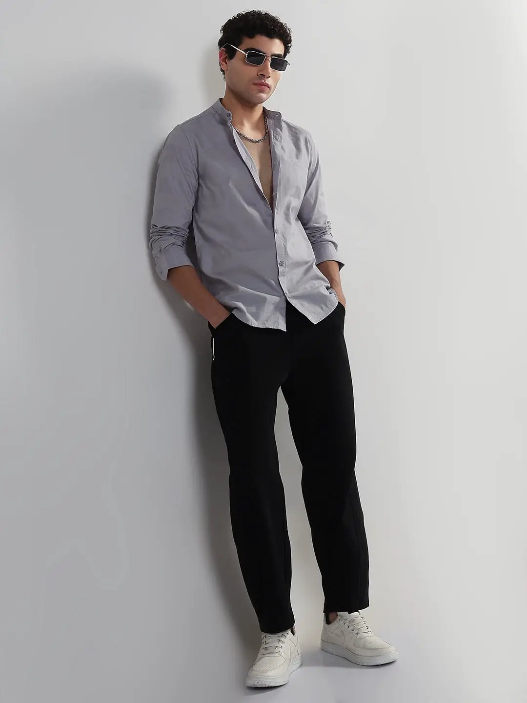Men's Striped Grey Mandarin Collar Slim Fit Shirt - from SHOWOFFFF