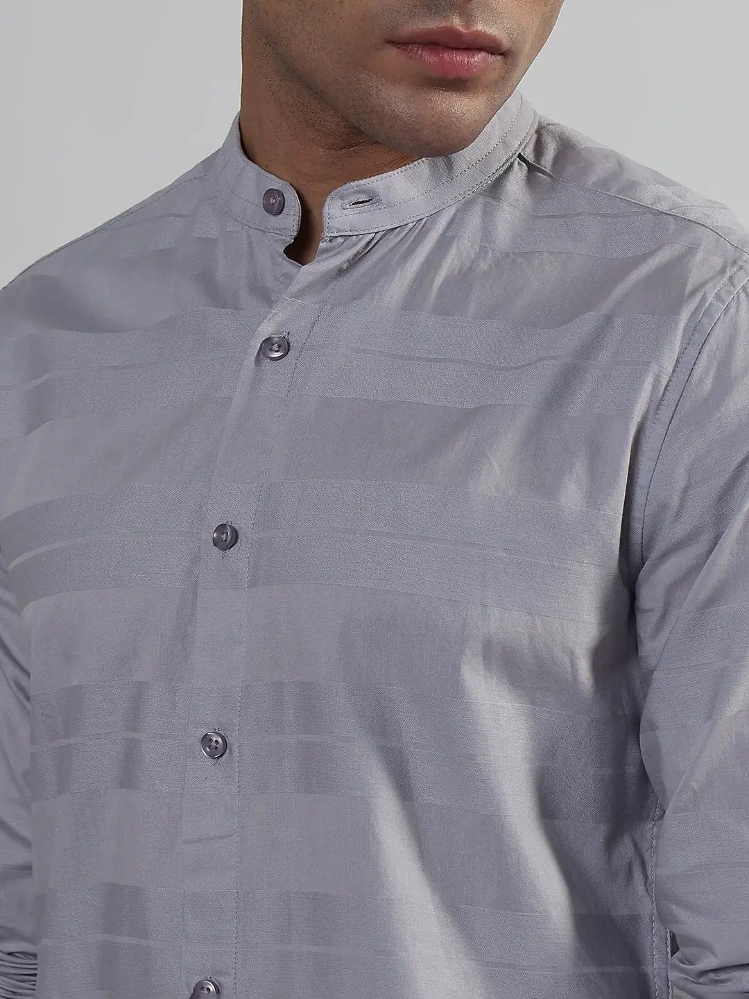 Men's Striped Grey Mandarin Collar Slim Fit Shirt - from SHOWOFFFF