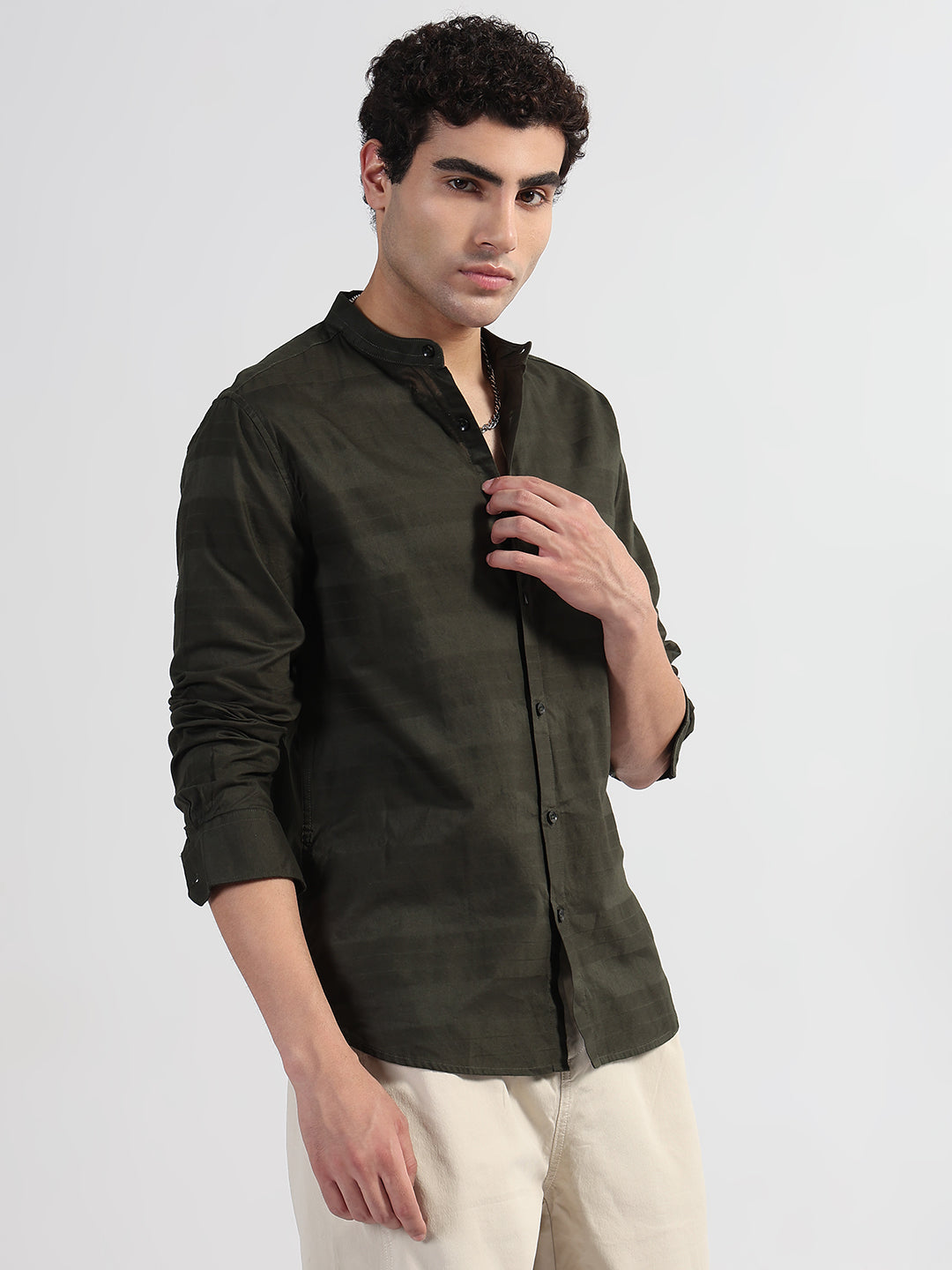 Men's Striped Olive Mandarin Collar Slim Fit Shirt