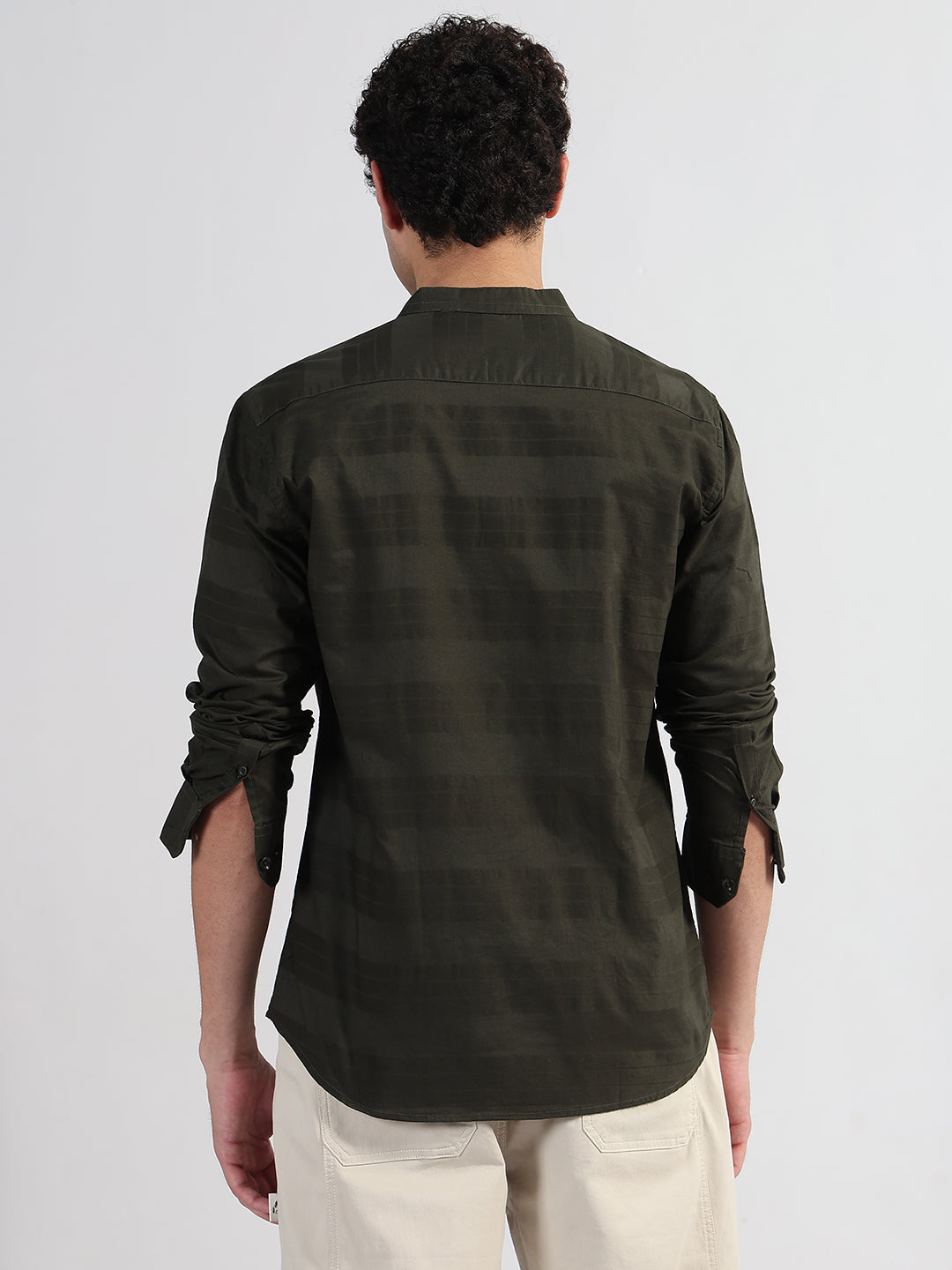 Men's Striped Olive Mandarin Collar Slim Fit Shirt