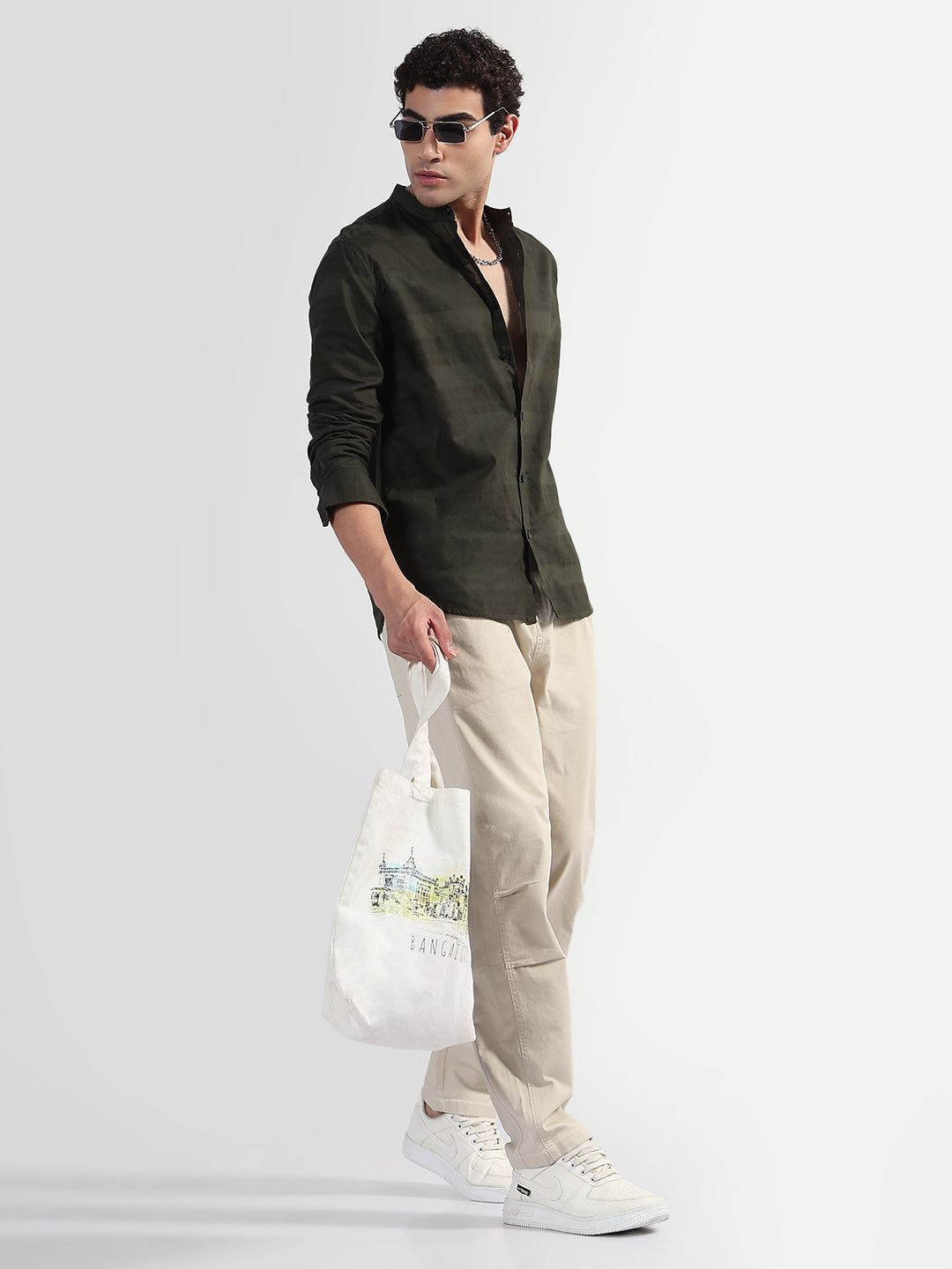 Men's Striped Olive Mandarin Collar Slim Fit Shirt