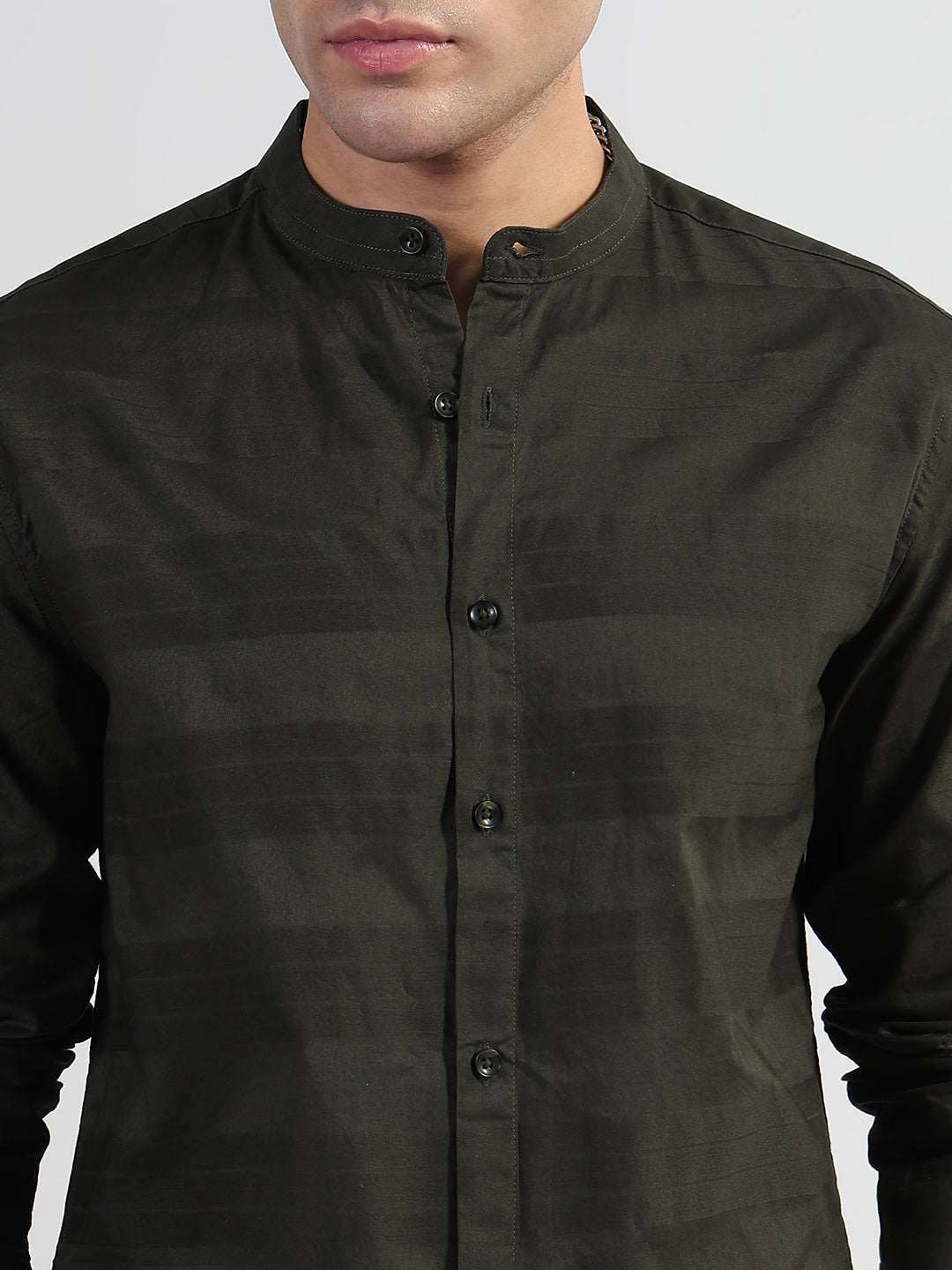 Men's Striped Olive Mandarin Collar Slim Fit Shirt