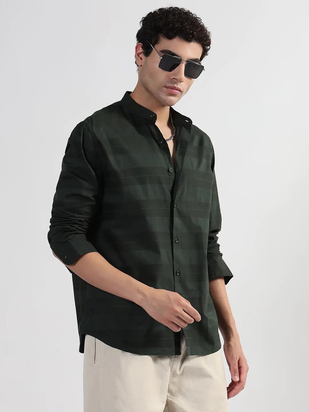 Men's Striped Olive Mandarin Collar Slim Fit Shirt - from SHOWOFFFF