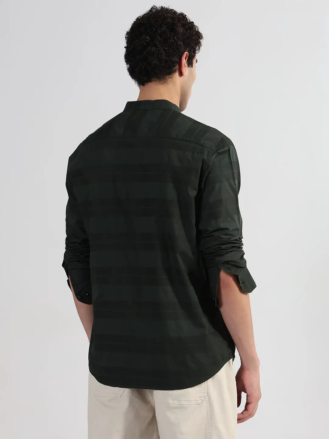 Men's Striped Olive Mandarin Collar Slim Fit Shirt - from SHOWOFFFF