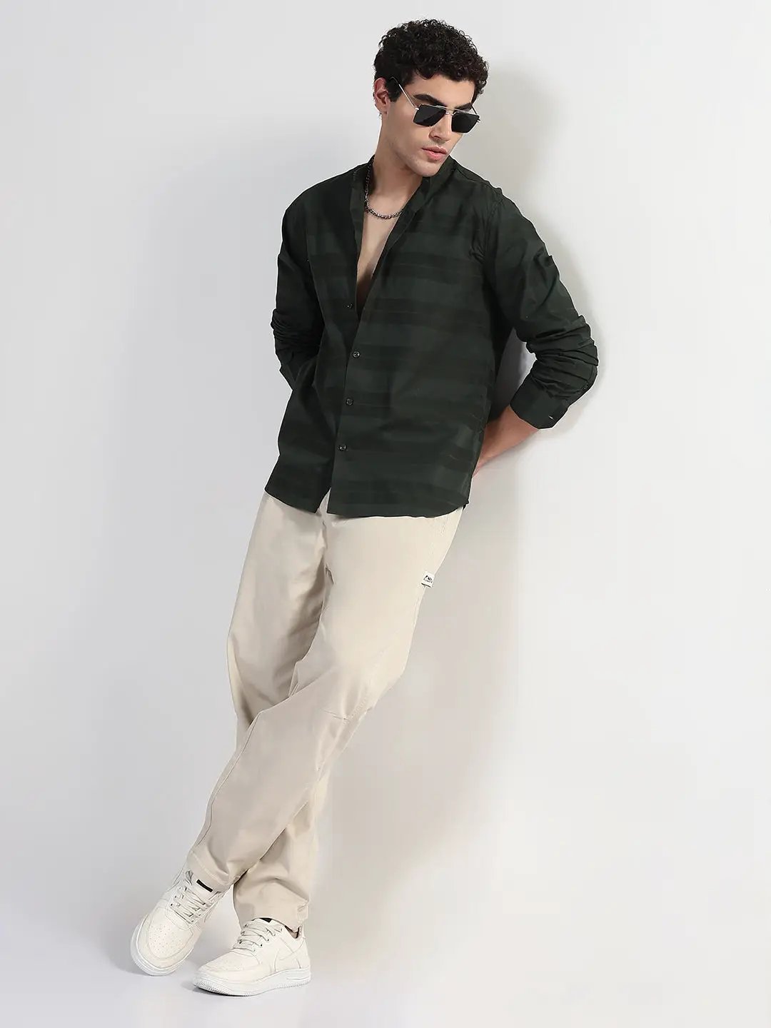 Men's Striped Olive Mandarin Collar Slim Fit Shirt - from SHOWOFFFF