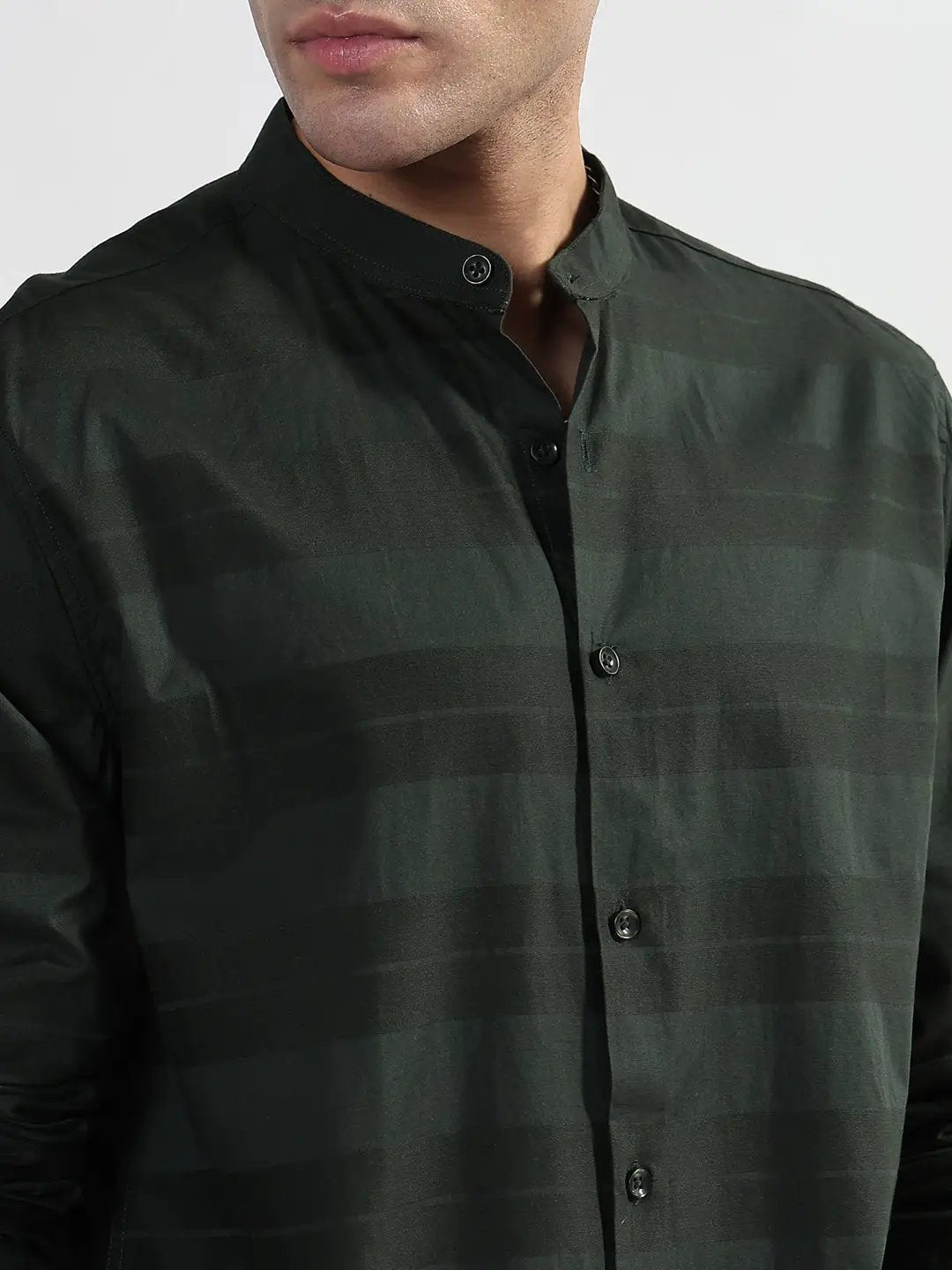 Men's Striped Olive Mandarin Collar Slim Fit Shirt - from SHOWOFFFF
