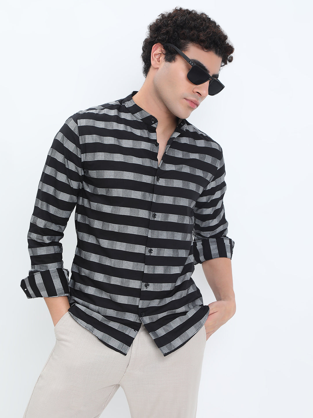 Men's Striped Black Long Sleeve Shirt with Mandarin Collar