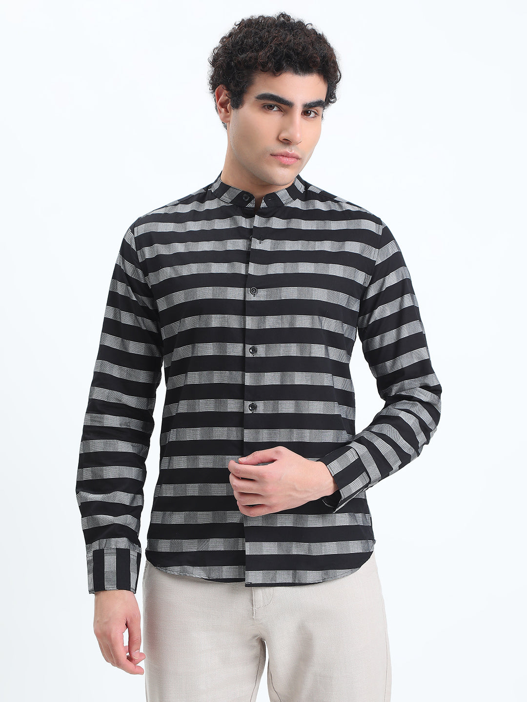 Men's Striped Black Long Sleeve Shirt with Mandarin Collar