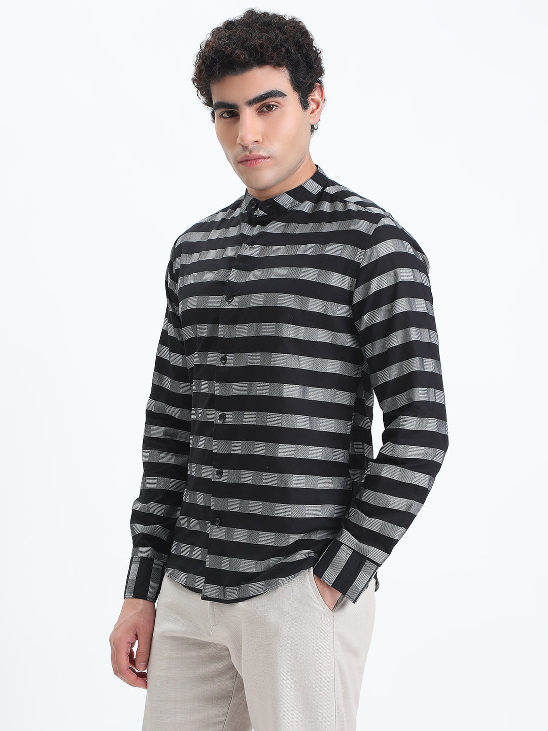 Men's Striped Black Long Sleeve Shirt with Mandarin Collar