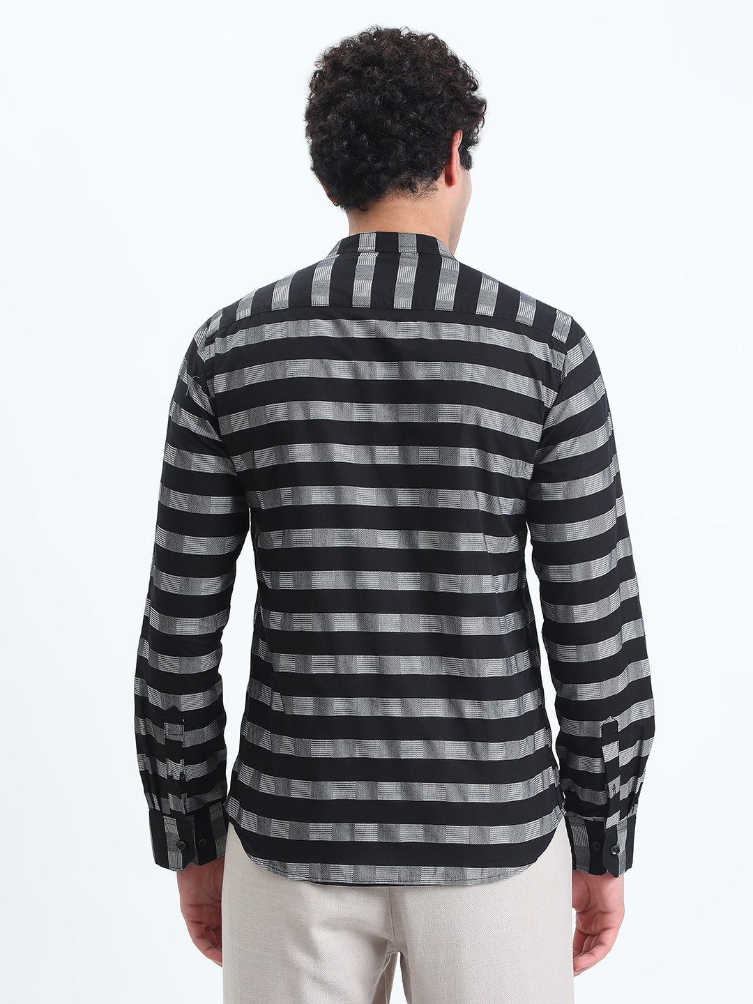 Men's Striped Black Long Sleeve Shirt with Mandarin Collar