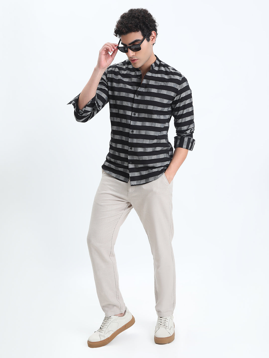 Men's Striped Black Long Sleeve Shirt with Mandarin Collar