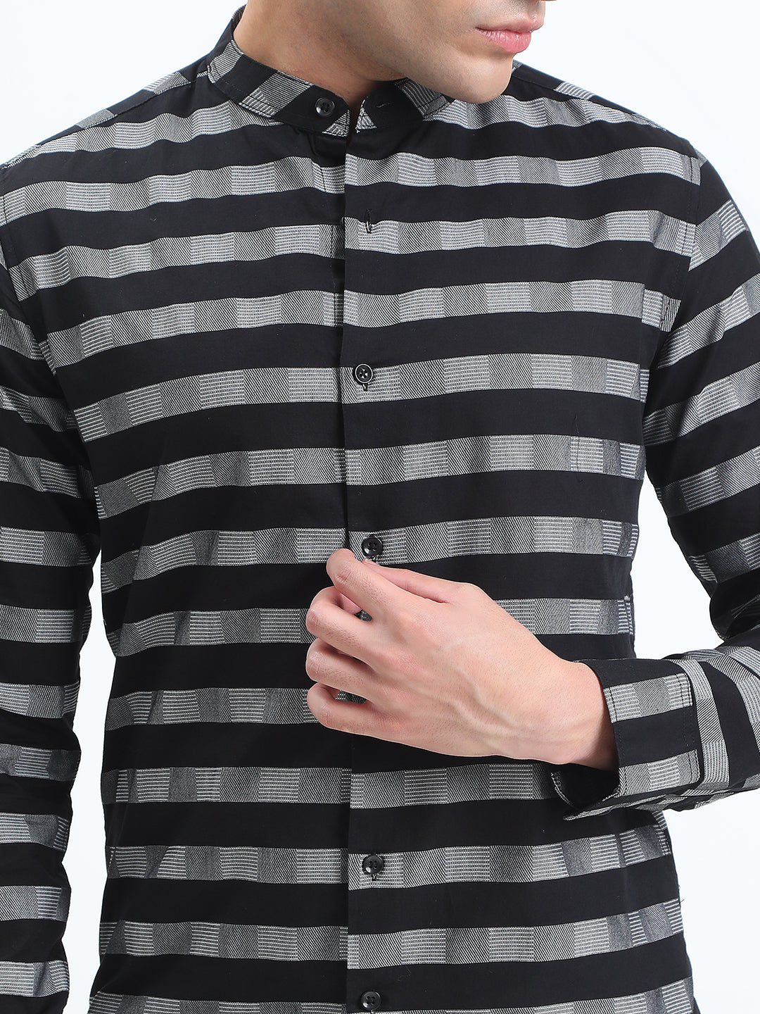 Men's Striped Black Long Sleeve Shirt with Mandarin Collar