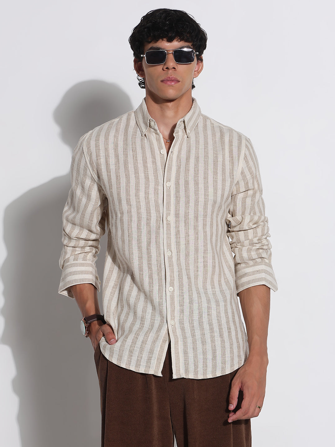 Men's Beige Striped Relaxed Fit Shirt