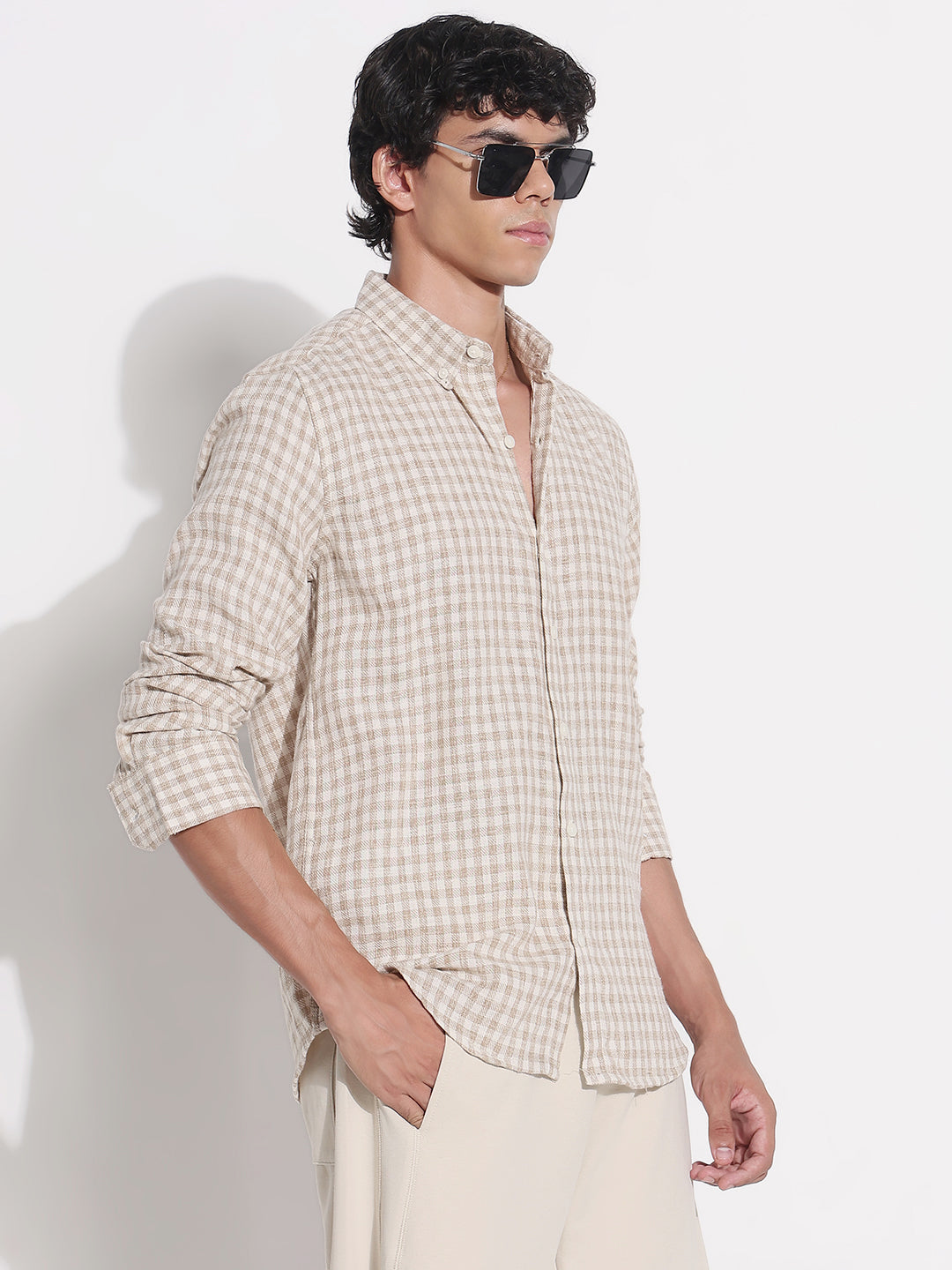 Men's Beige Checked Relaxed Fit Shirt