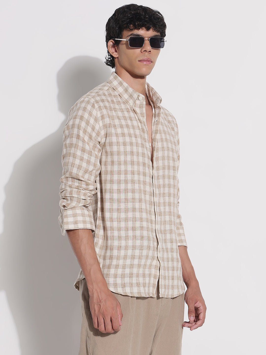 Men's Beige Checked Relaxed Fit Shirt