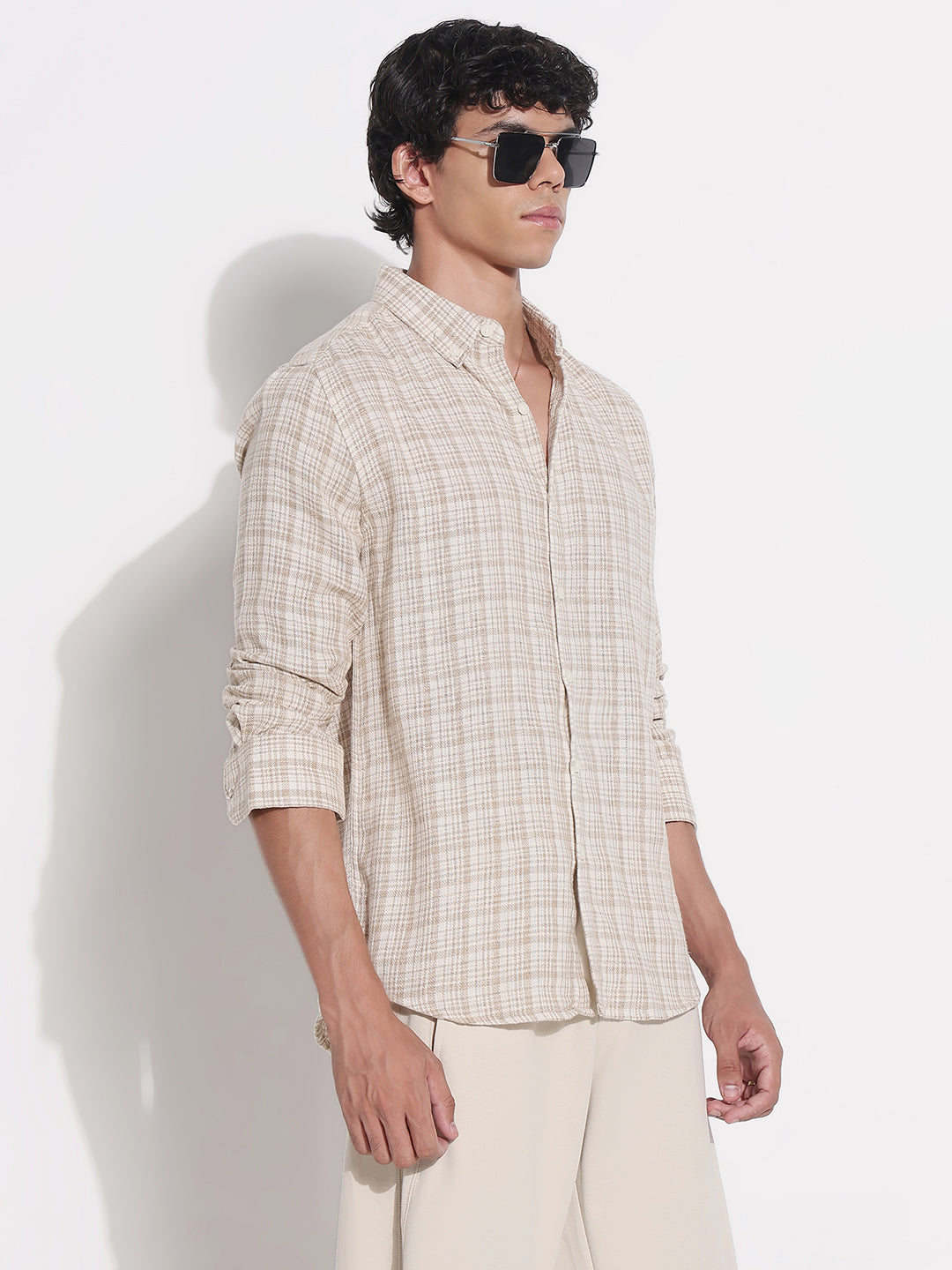 Men's Beige Checked Relaxed Fit Shirt