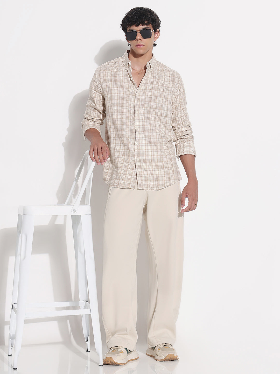 Men's Beige Checked Relaxed Fit Shirt