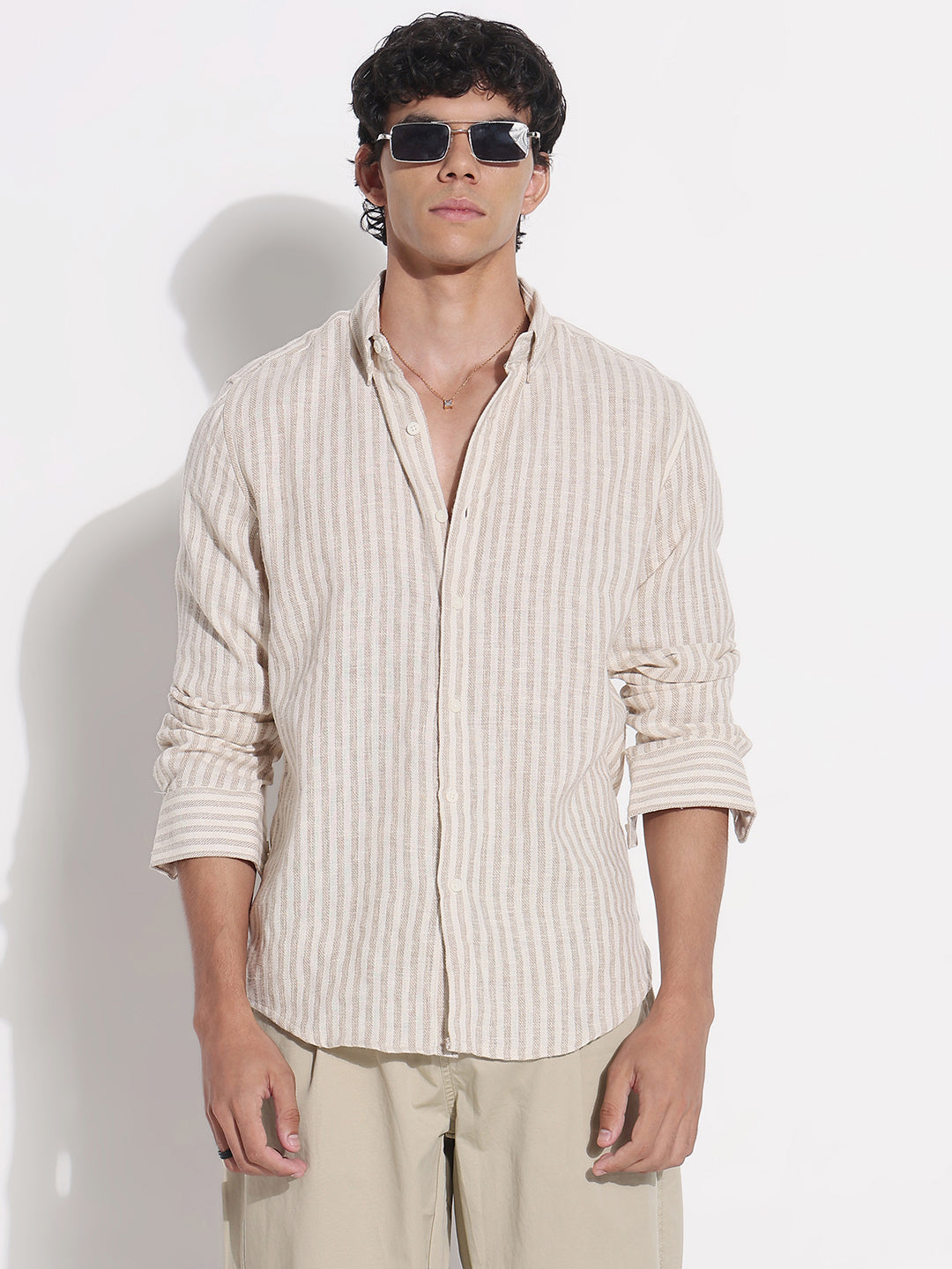 Men's Beige Striped Relaxed Fit Shirt