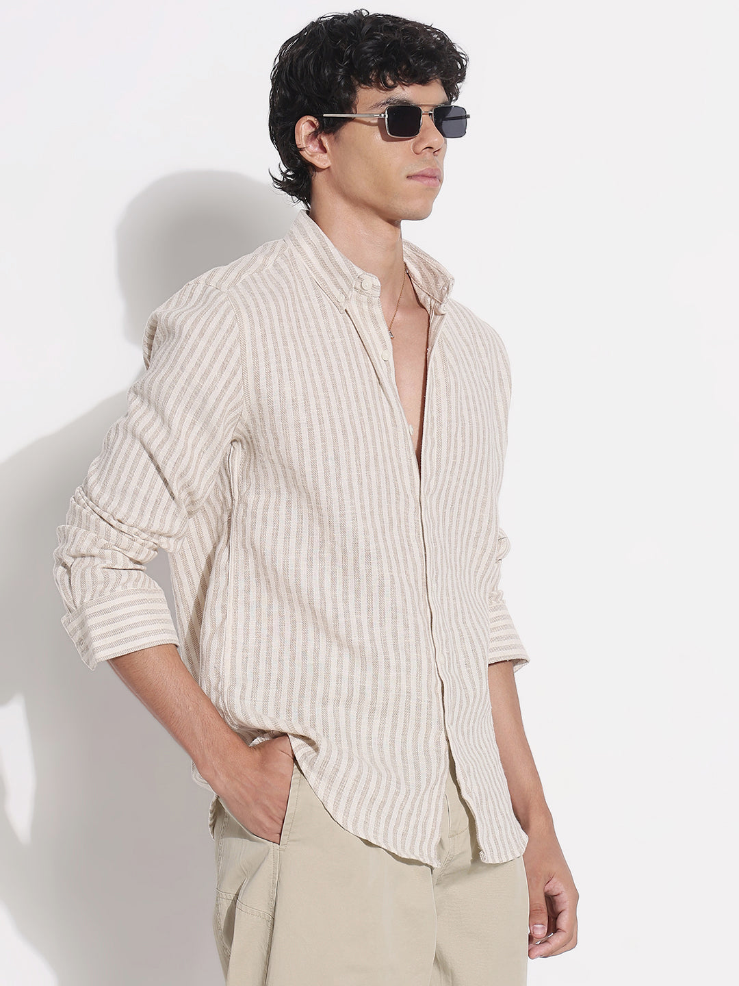 Men's Beige Striped Relaxed Fit Shirt