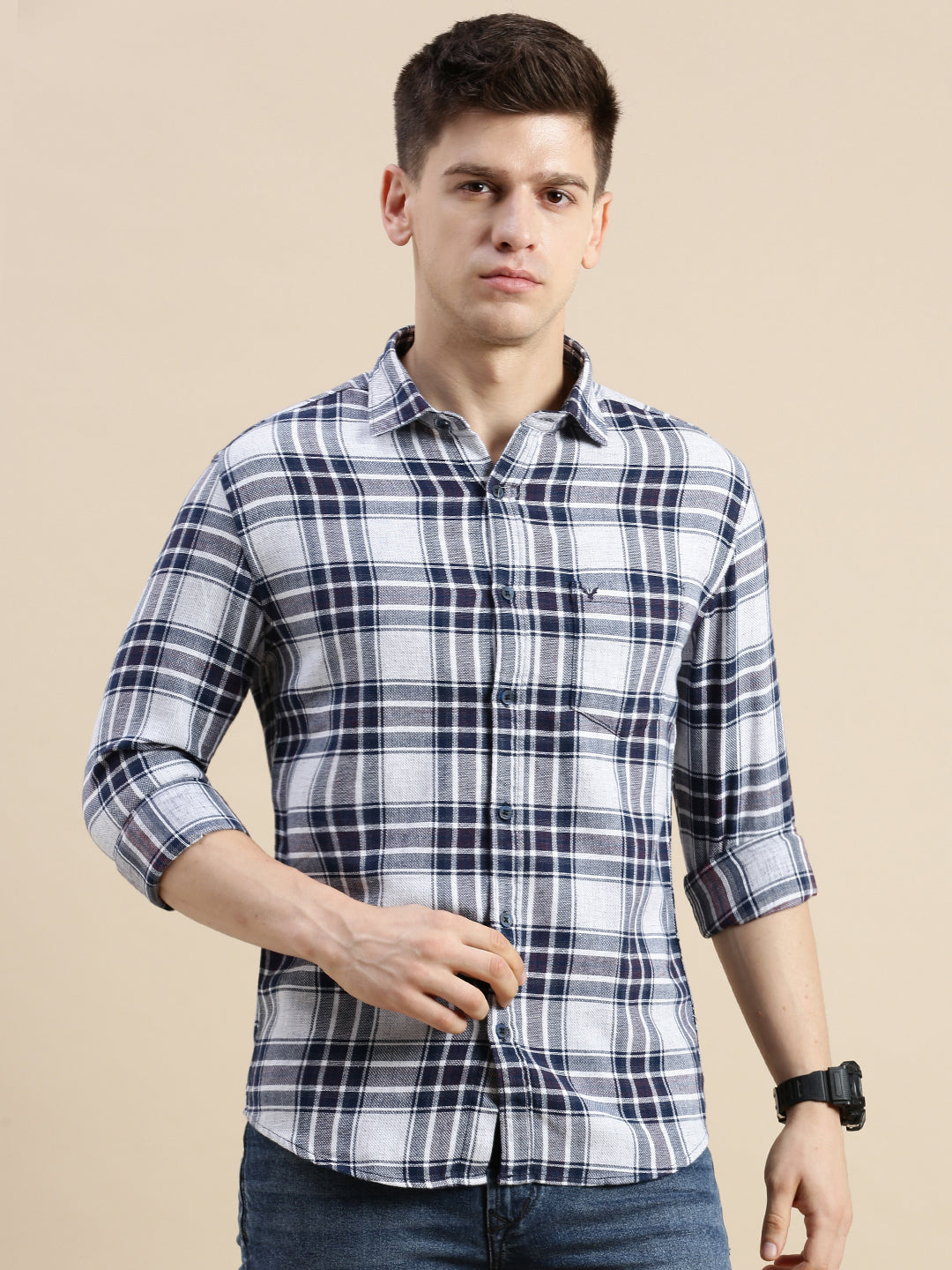 Men Spread Collar Checked Off White Shirt