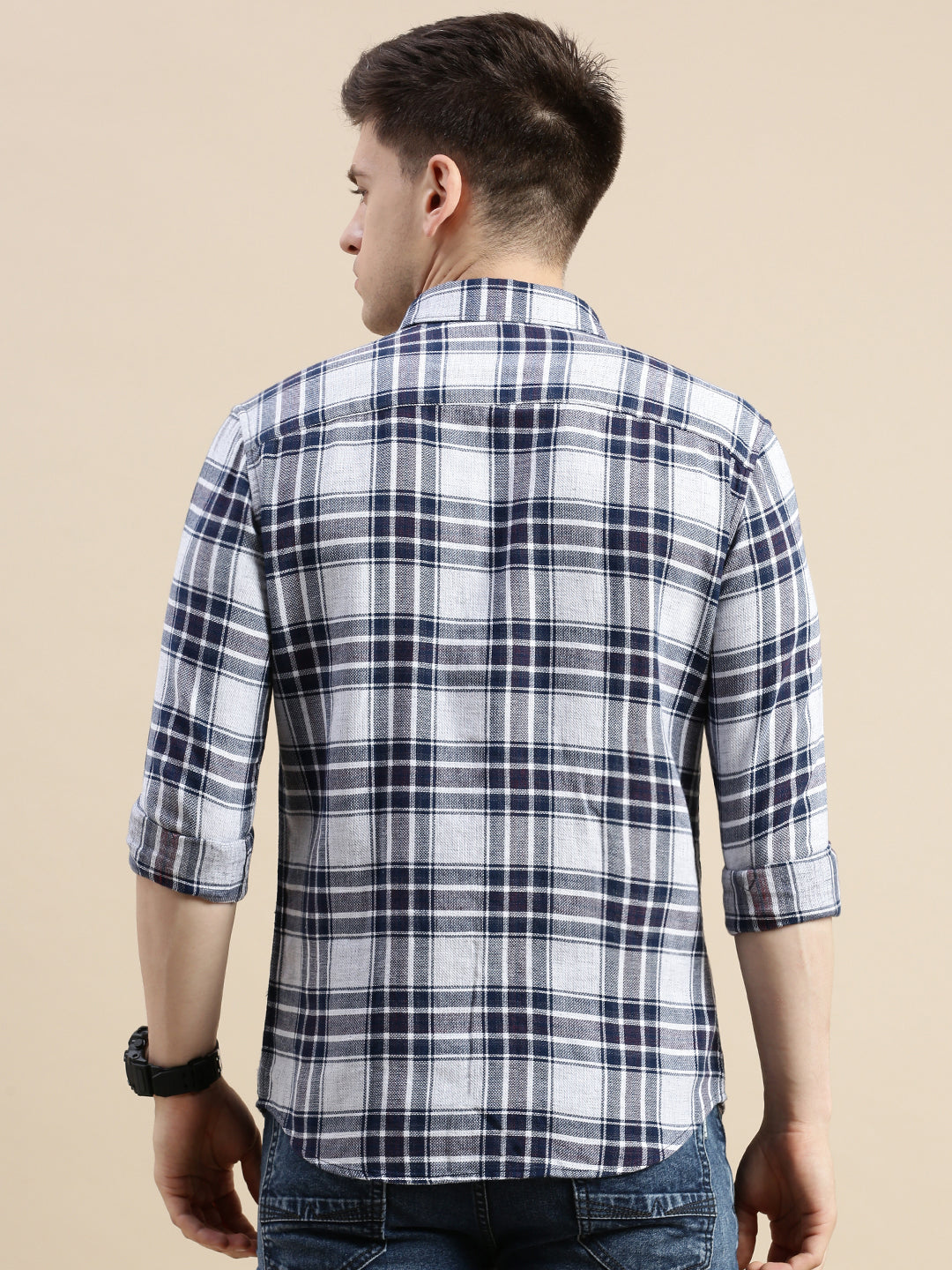 Men Spread Collar Checked Off White Shirt