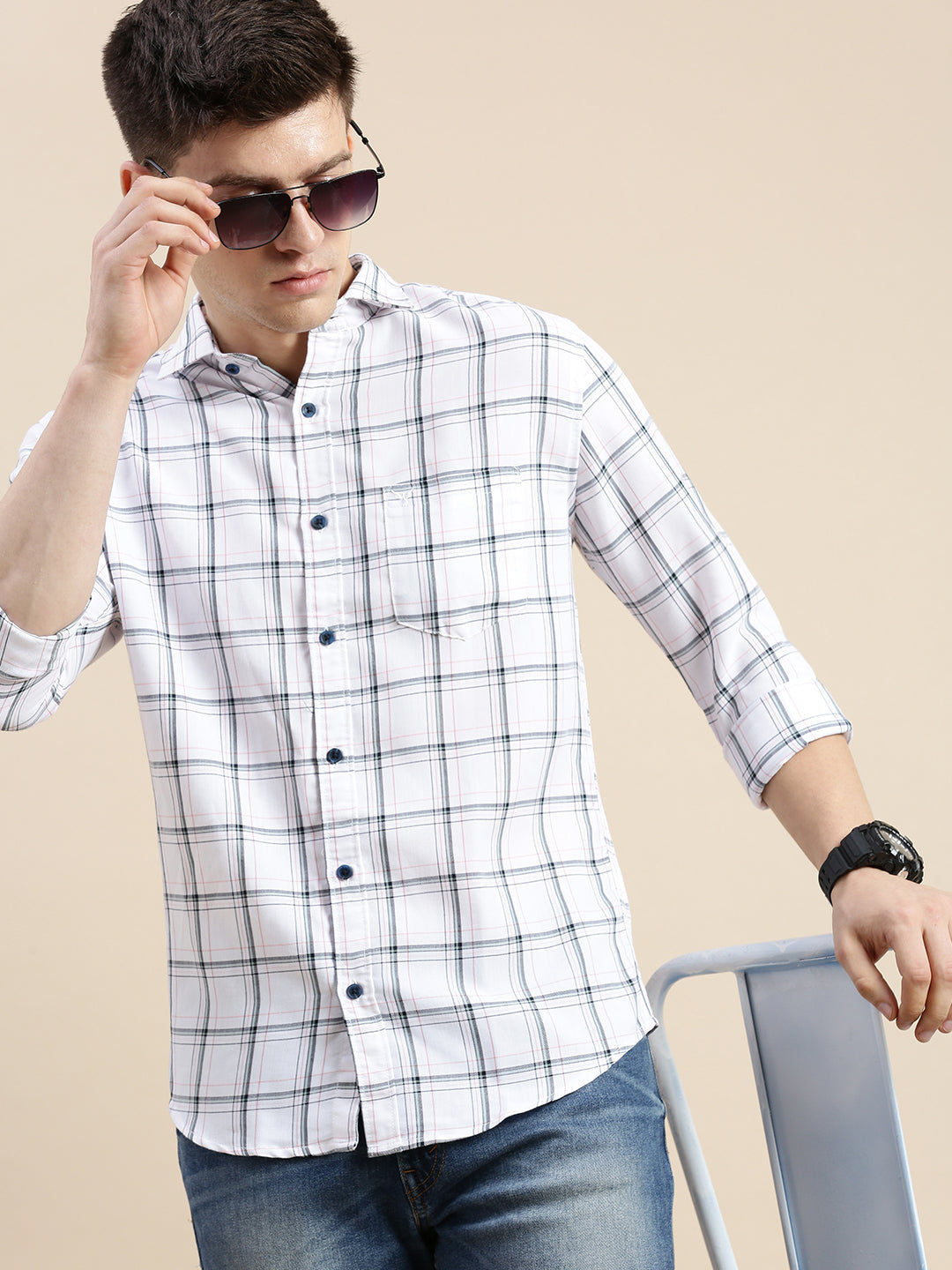 Men Spread Collar Checked Off White Shirt