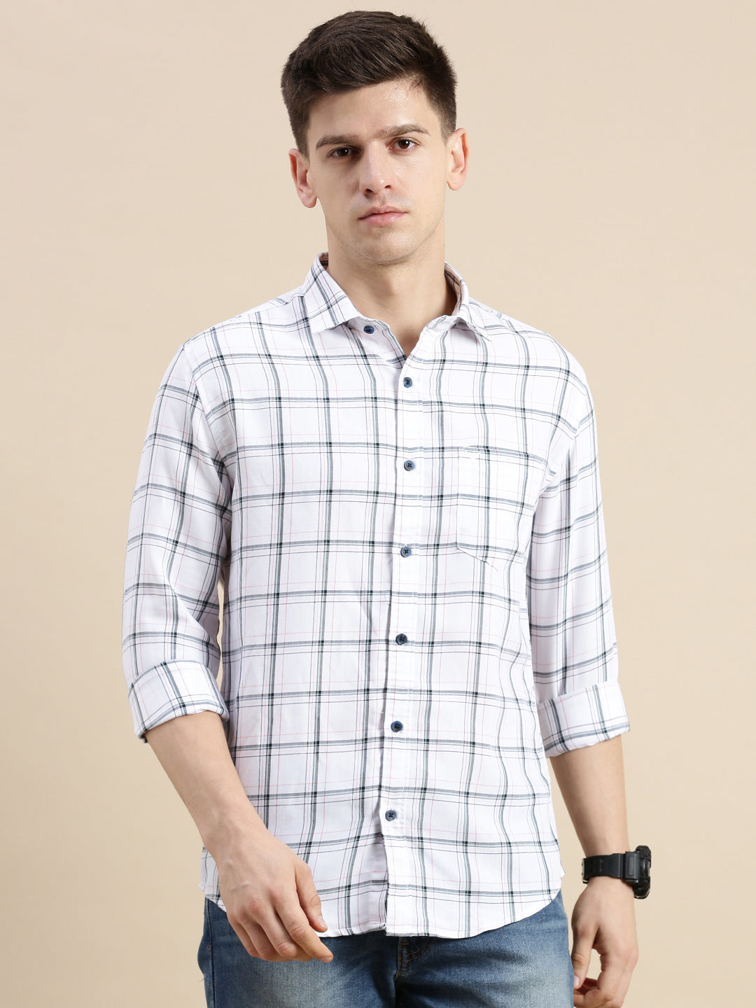 Men Spread Collar Checked Off White Shirt