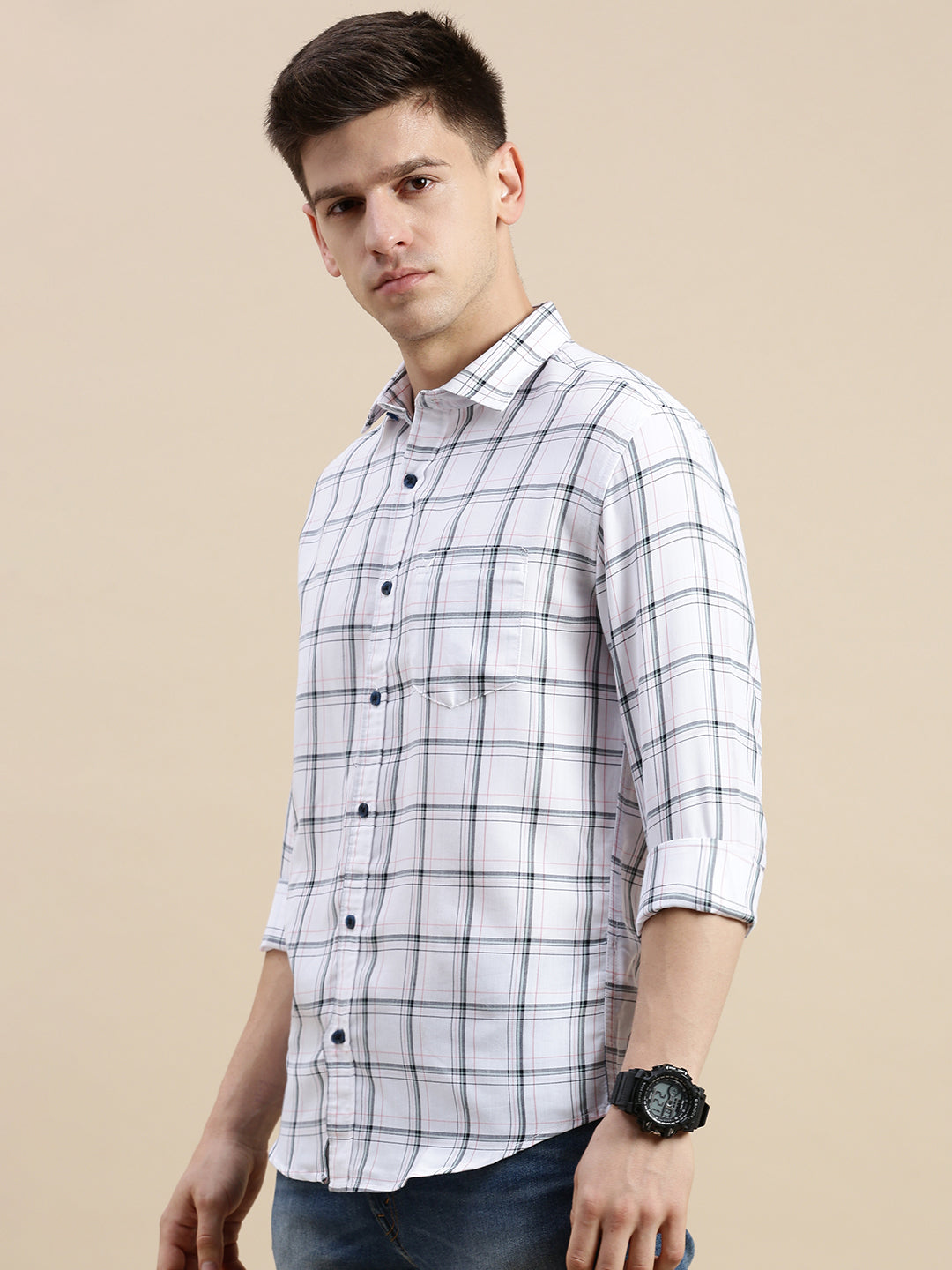 Men Spread Collar Checked Off White Shirt