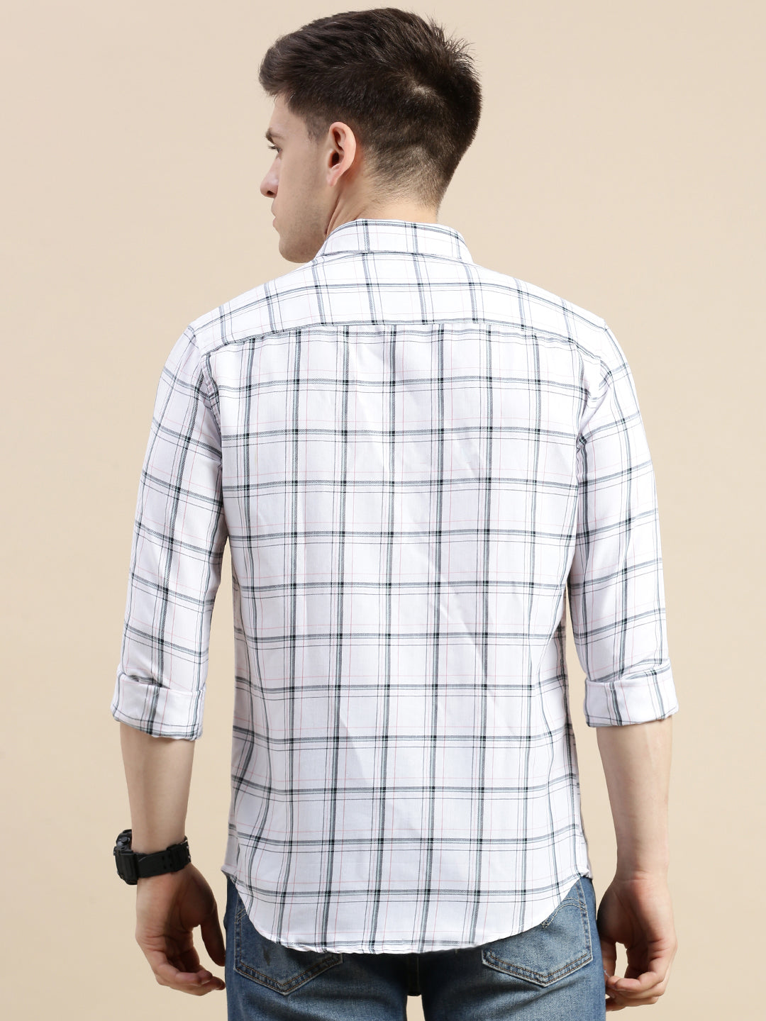 Men Spread Collar Checked Off White Shirt